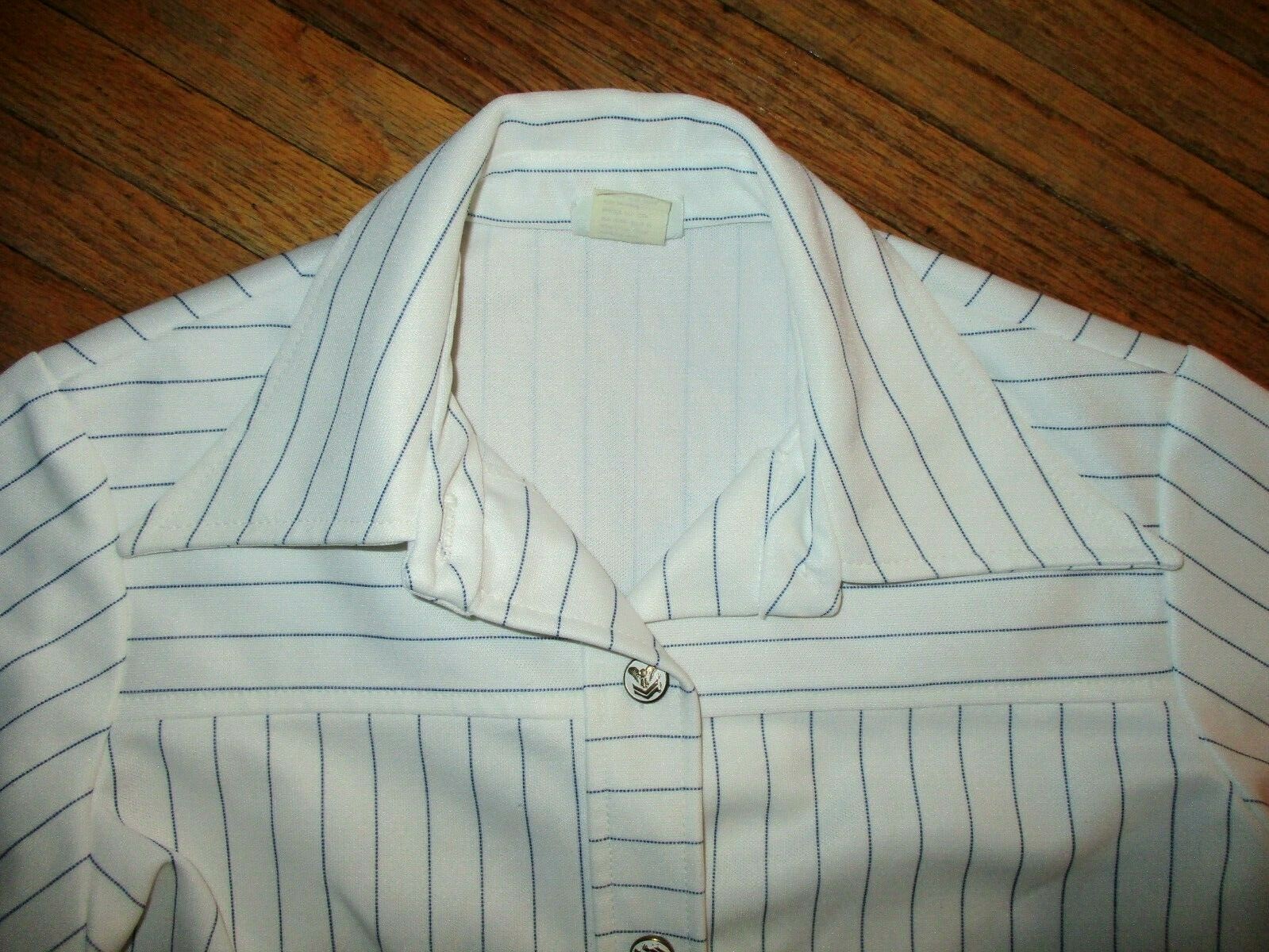 vtg 70s DOUGLAS MARC POLYESTER SHIRT Blouse Top White Blue Pinstripe Eagle USA
