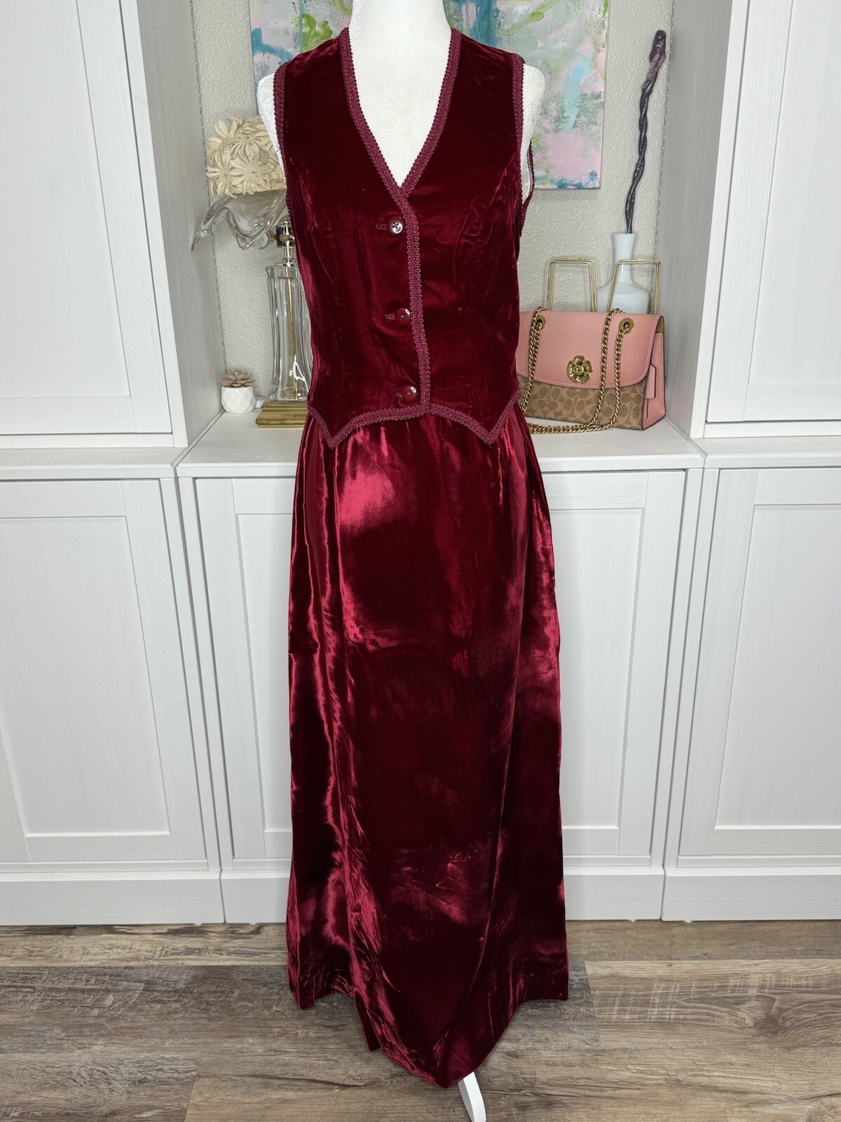 1960s Red Velvet “Country Set” Vest And Skirt Hippy Small Polyester