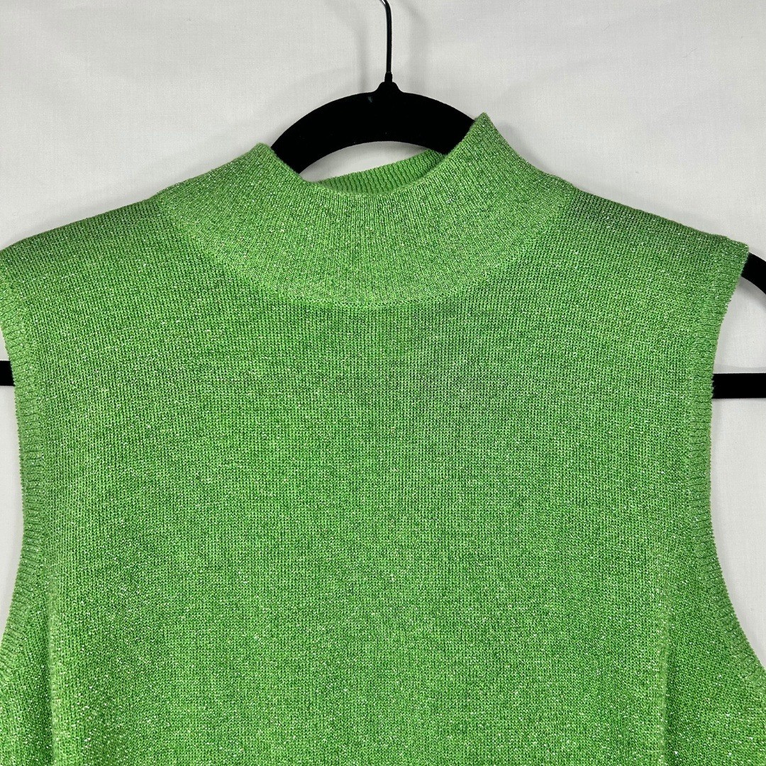 Vintage Patchington Metallic Apple Green Knit Sweater Vest Top Mock Neck (M)