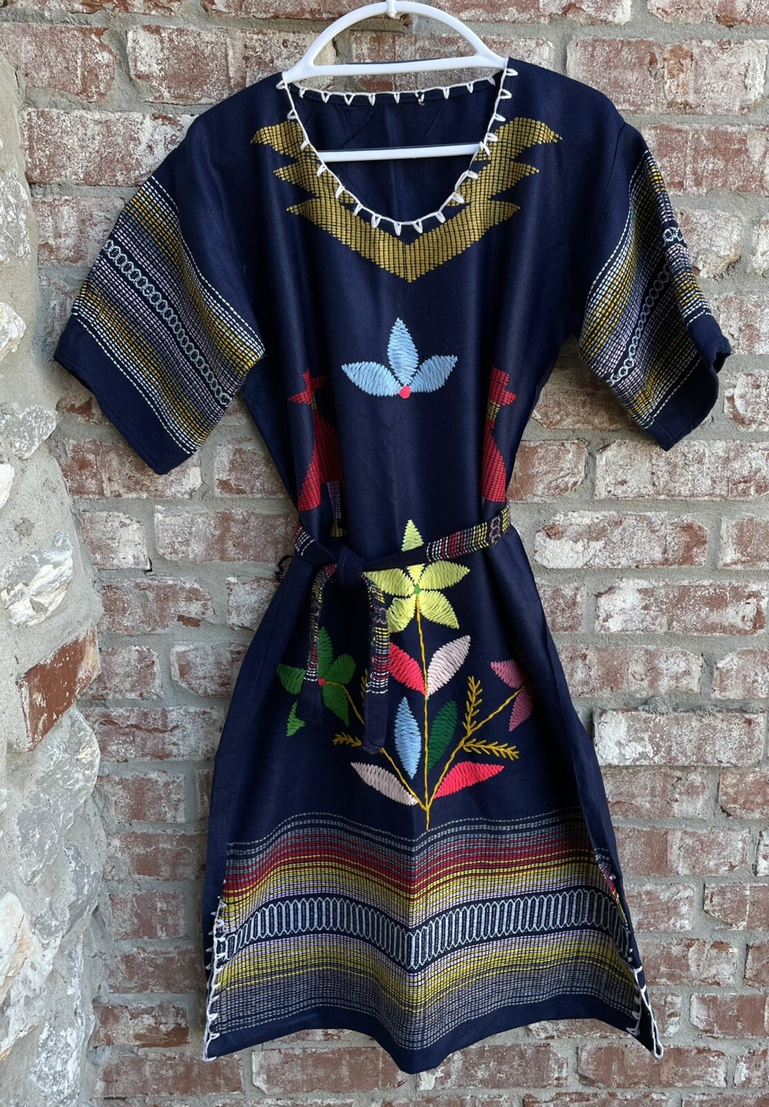 ✅Vtg 1980s Peru Ecuador Bolivia South America M/L Blue Colorful Hand Woven Dress