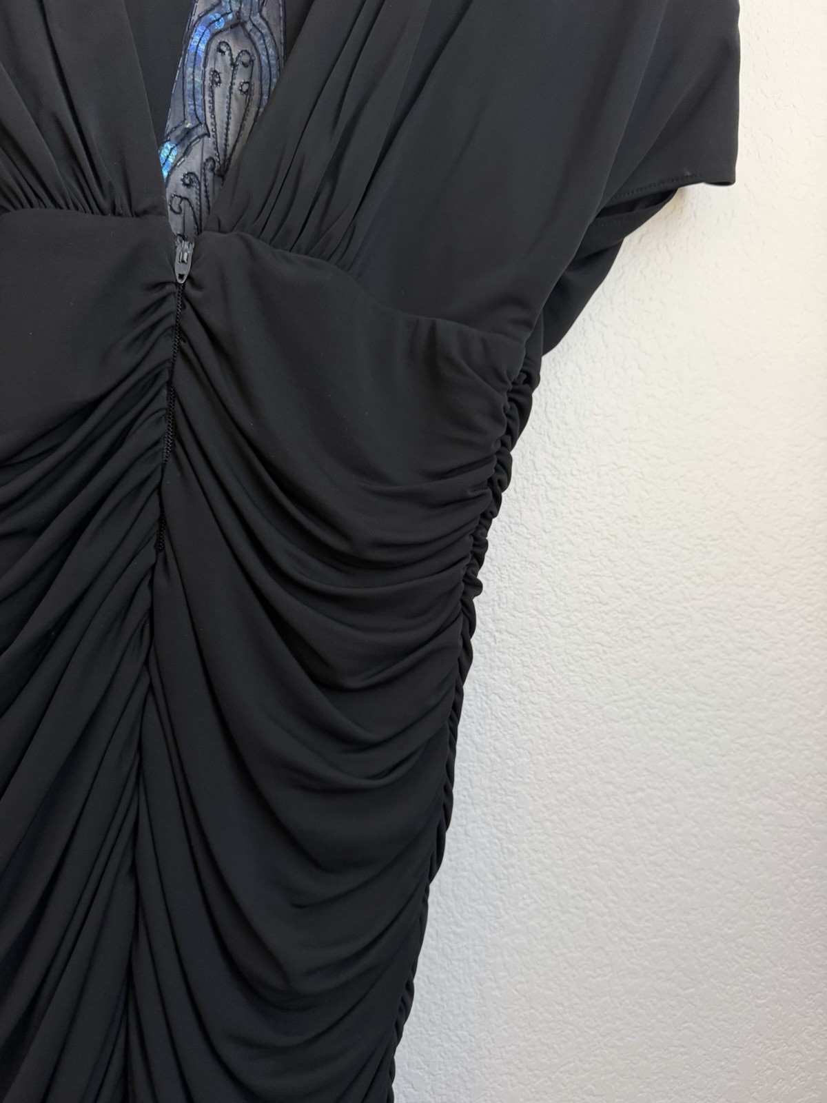 VTG 80s Casadei Black Beaded Dress Small Draped Ruched Lace Evening Dynasty Era