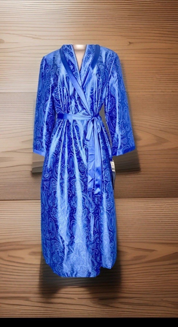 NWT Vintage Vanity Fair Long Blue Satin Robe House Coat Peignoir Womens Petite M