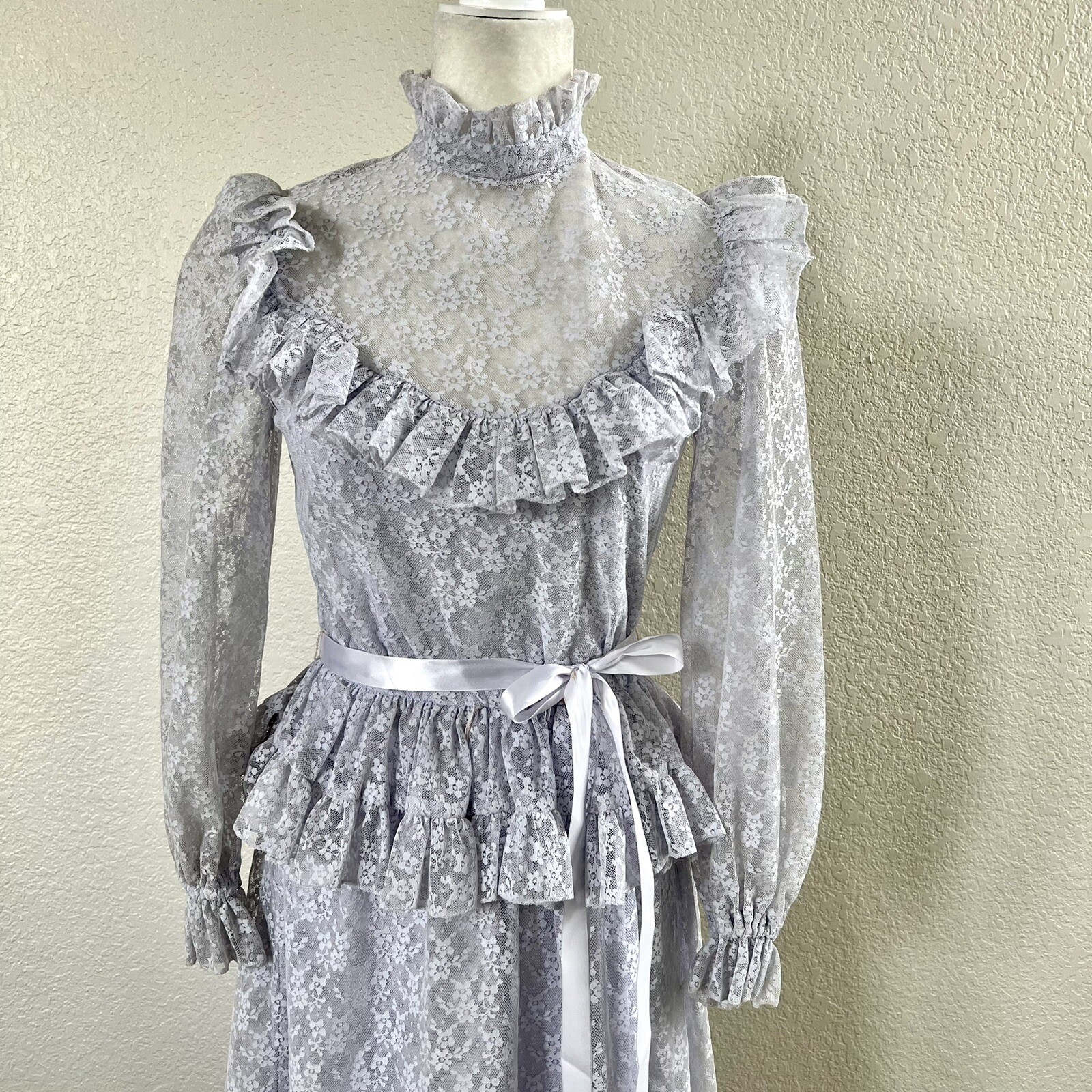 Vintage 70s Long Light Purple Lilac Ruffled Lace Maxi Dress Creations by Aria