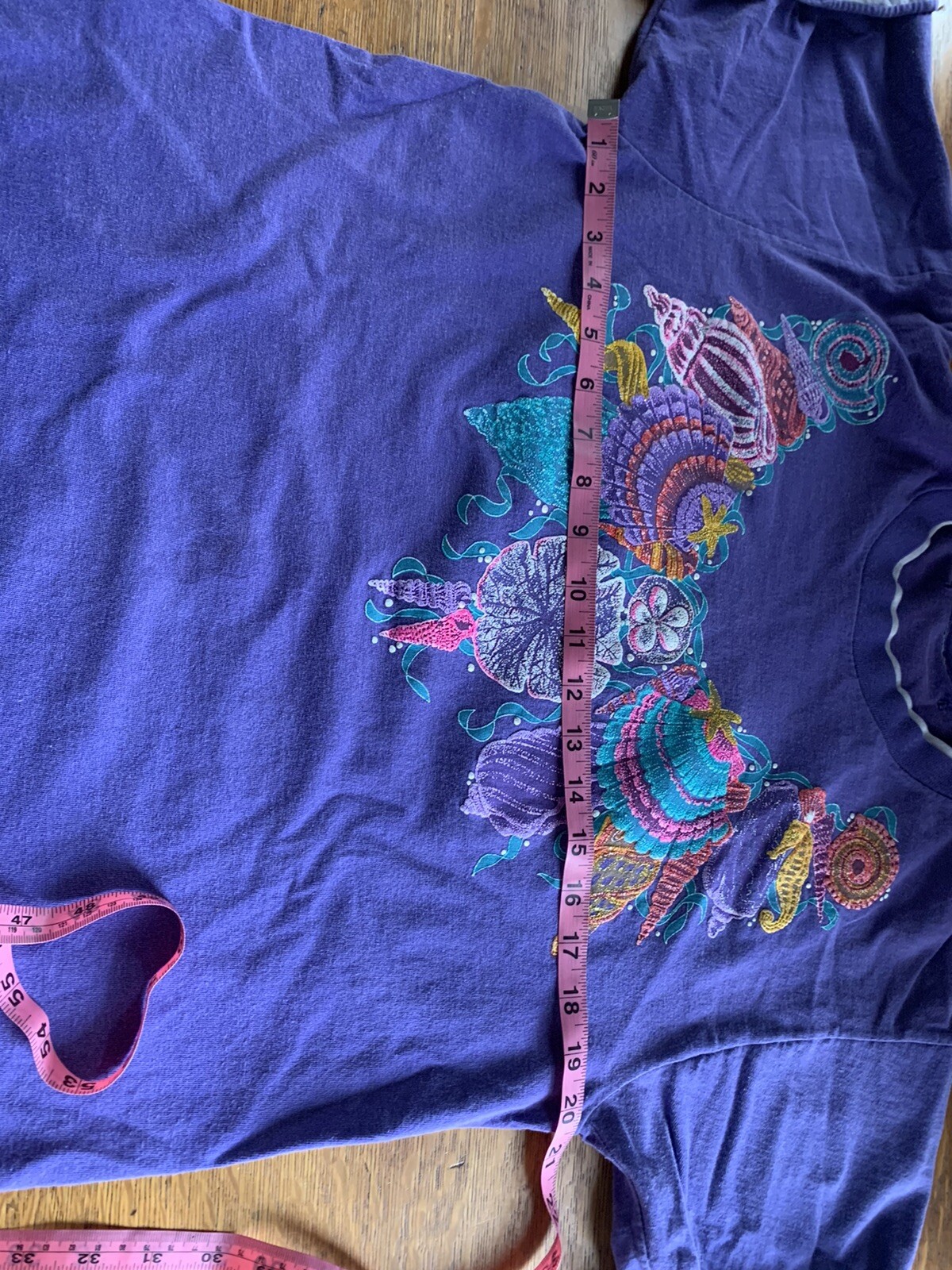 Vtg 90s Panama Jack Granny TShirt L ? Purple Shells Glittery Distressed Sea