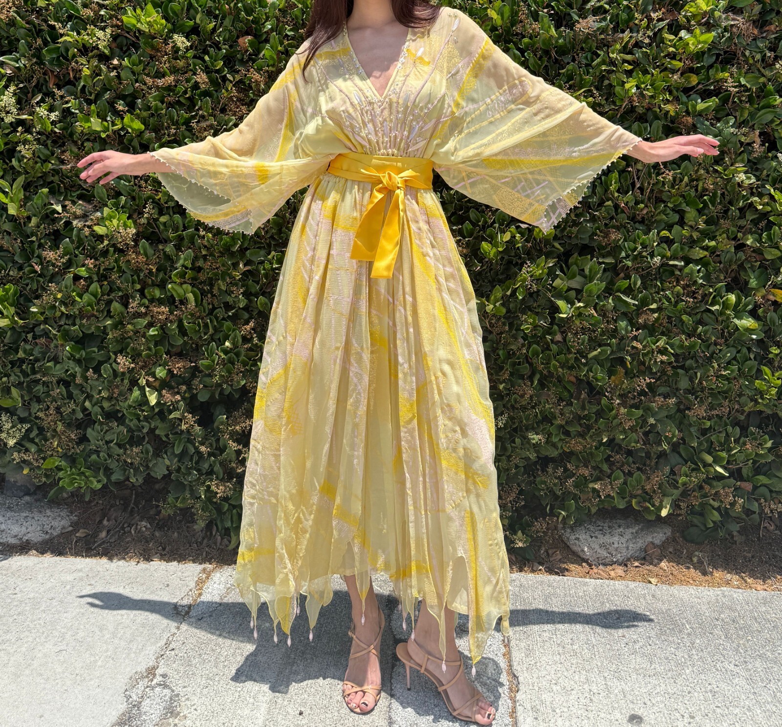 Vintage ZANDRA RHODES Iconic Silk Chiffon Gown 6 Yellow Hand Painted 1970’s Midi