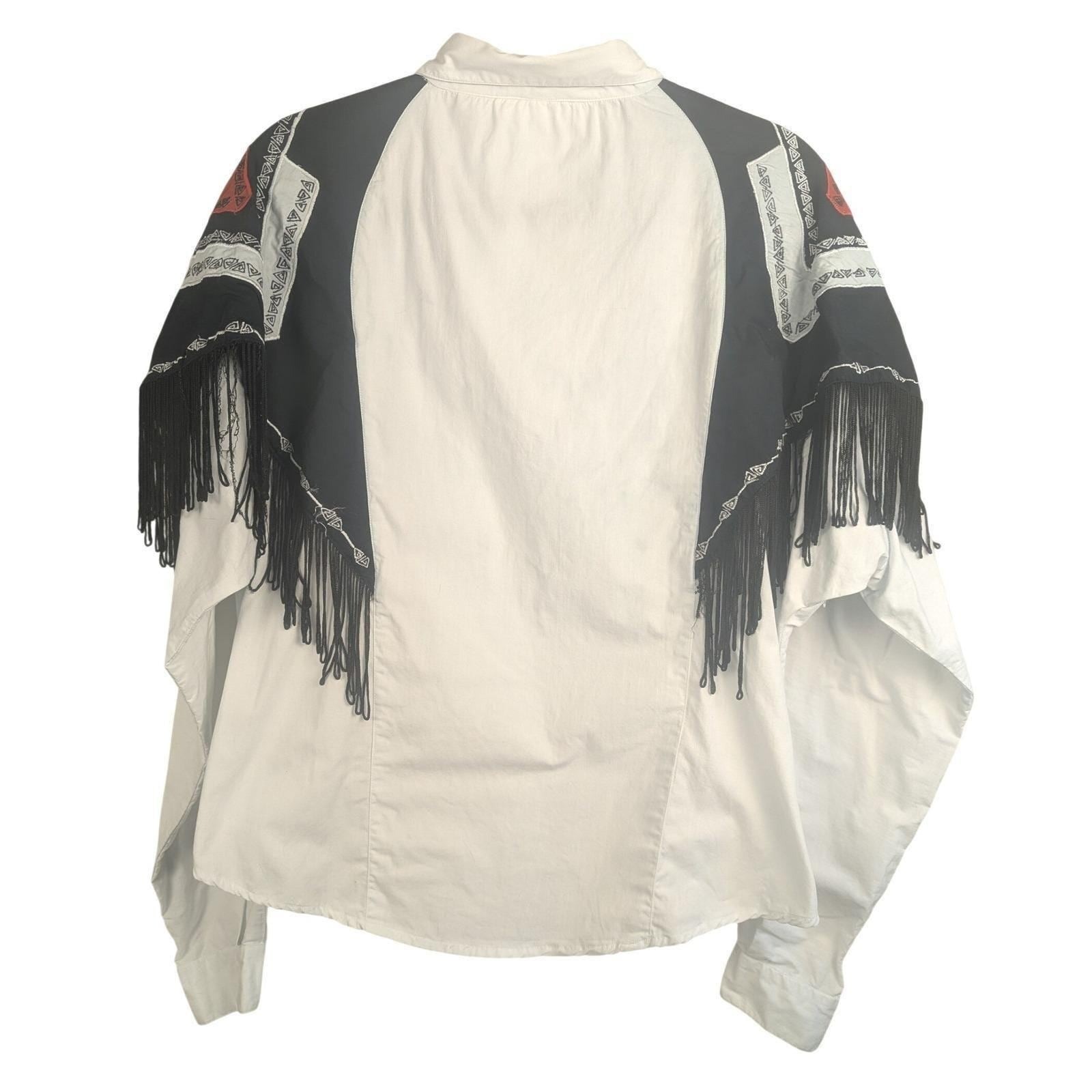 L VTG I Love Cowboys Out West Fringe Western Shirt White Black Red Embroidered