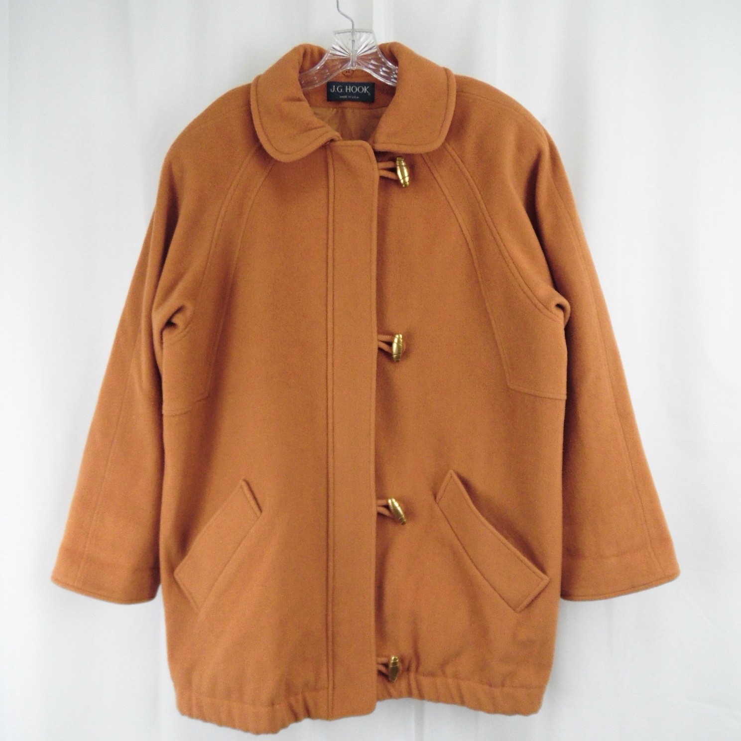 Vintage 80s JG Hook Cocoon Duffel Coat Burnt Orange Wool Blend Gold Tone Toggles