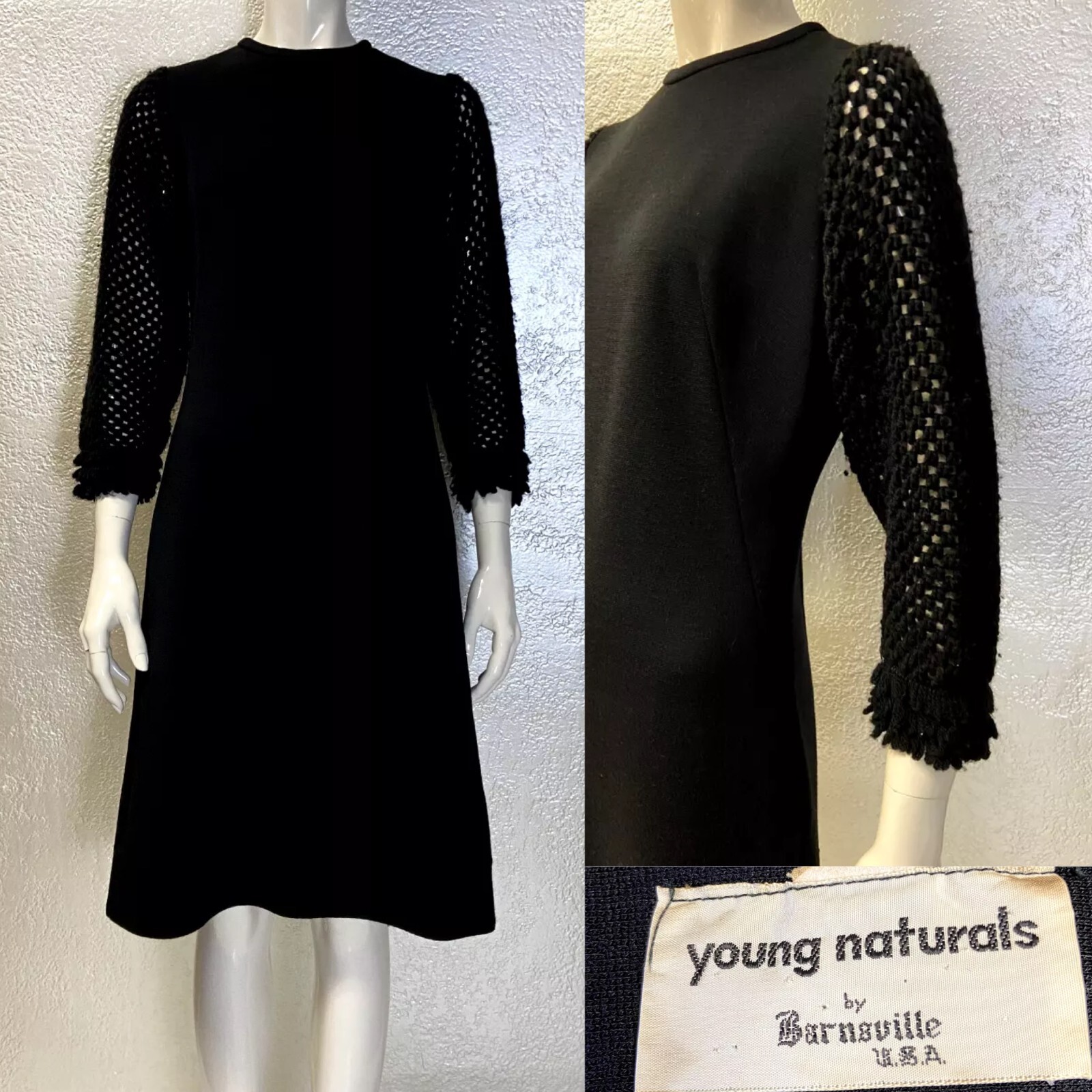 Vintage 1970’s Ladies YOUNG NATURALS Black Poly/Wool Dress Knit Sleeves