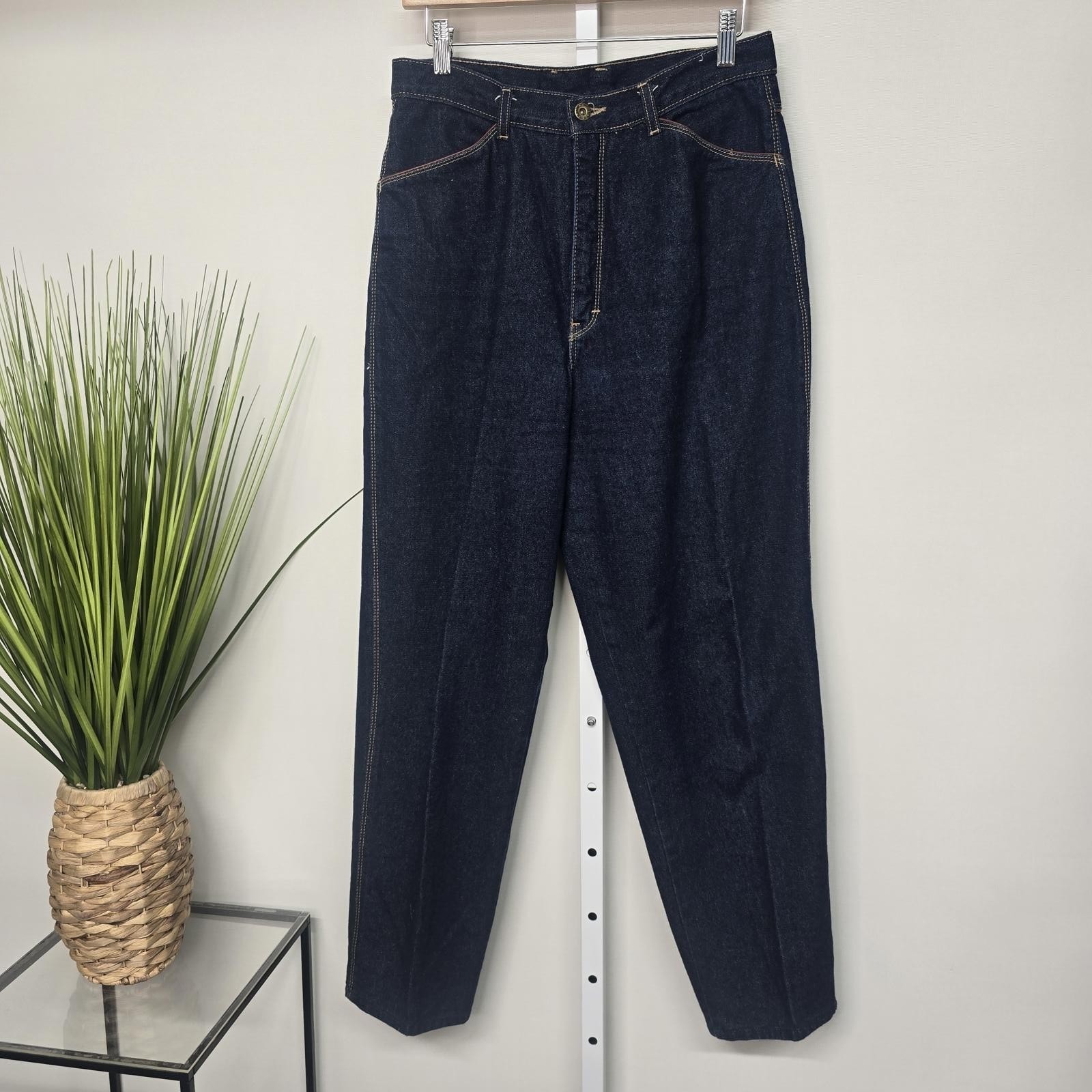 Brittania Vintage 80s High Waisted Western Jeans Dark Wash Leather Trim Sz 14/33
