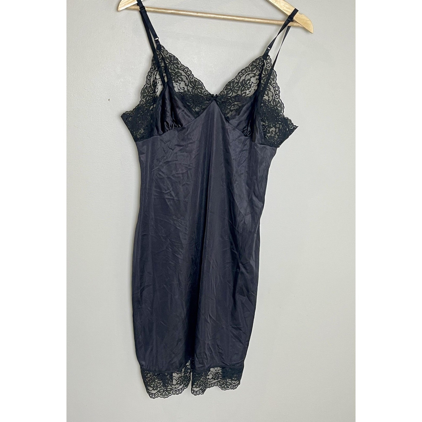 Vintage Black Lace Trim Full Slip Dress Antron III Nylon Size 40 Made in USA