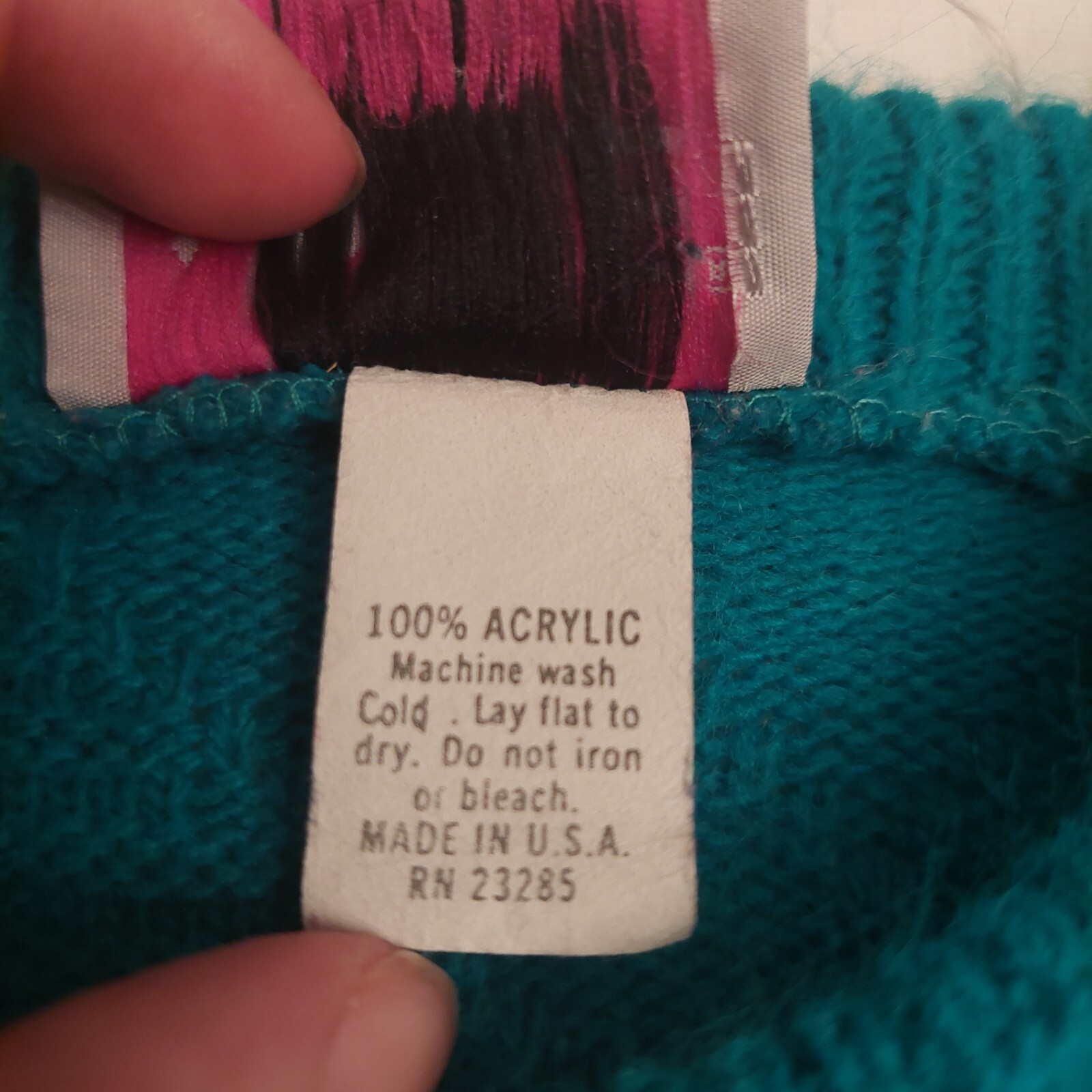 Adele Knitwear Vintage 80’s Teal Diamond Textured Knit Crewneck Sweater Size L
