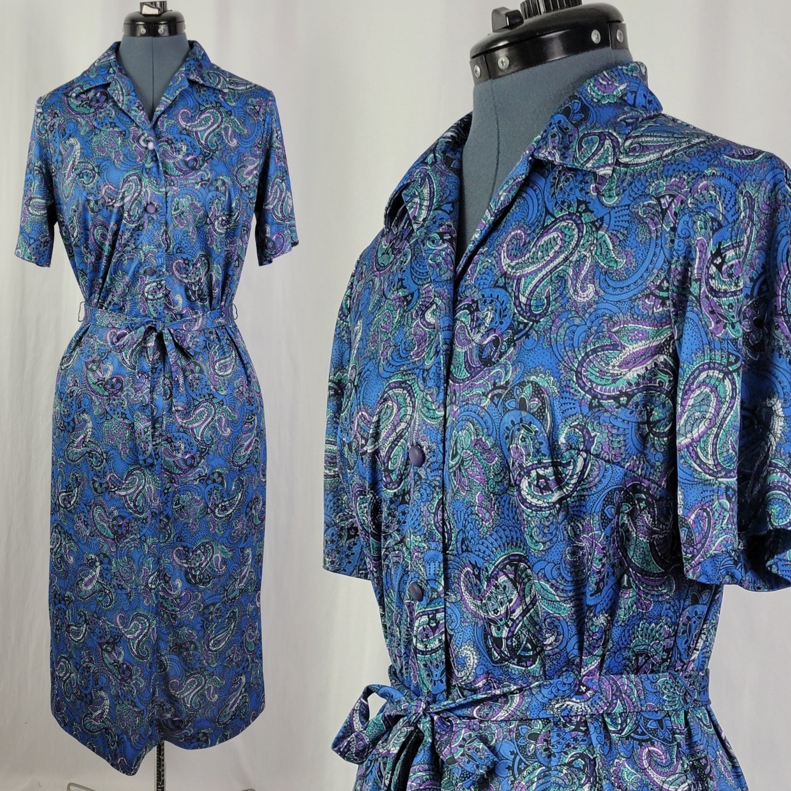 Vintage Ina Carol Blue & Purple Paisley S/S Dress w Matching Tie Belt Size 14