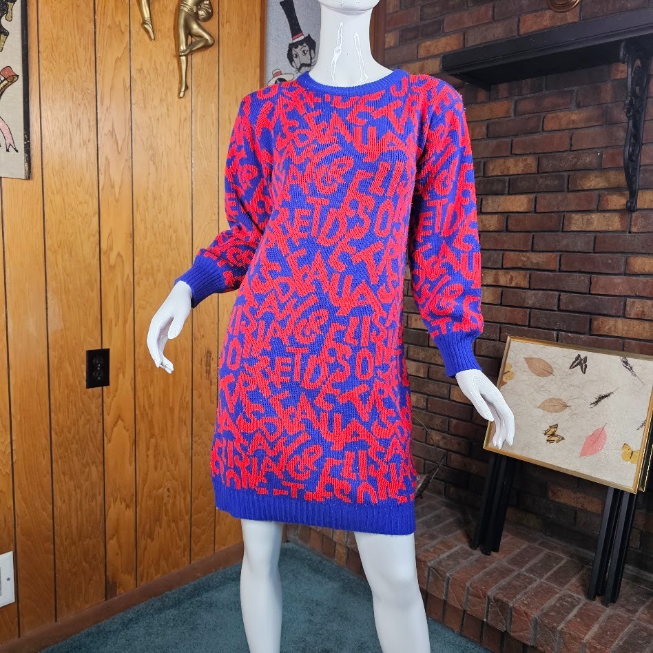 Vtg 80s New Wave Post Punk Alphabet Soup Graphic Letters Sweater Club Dress S/M