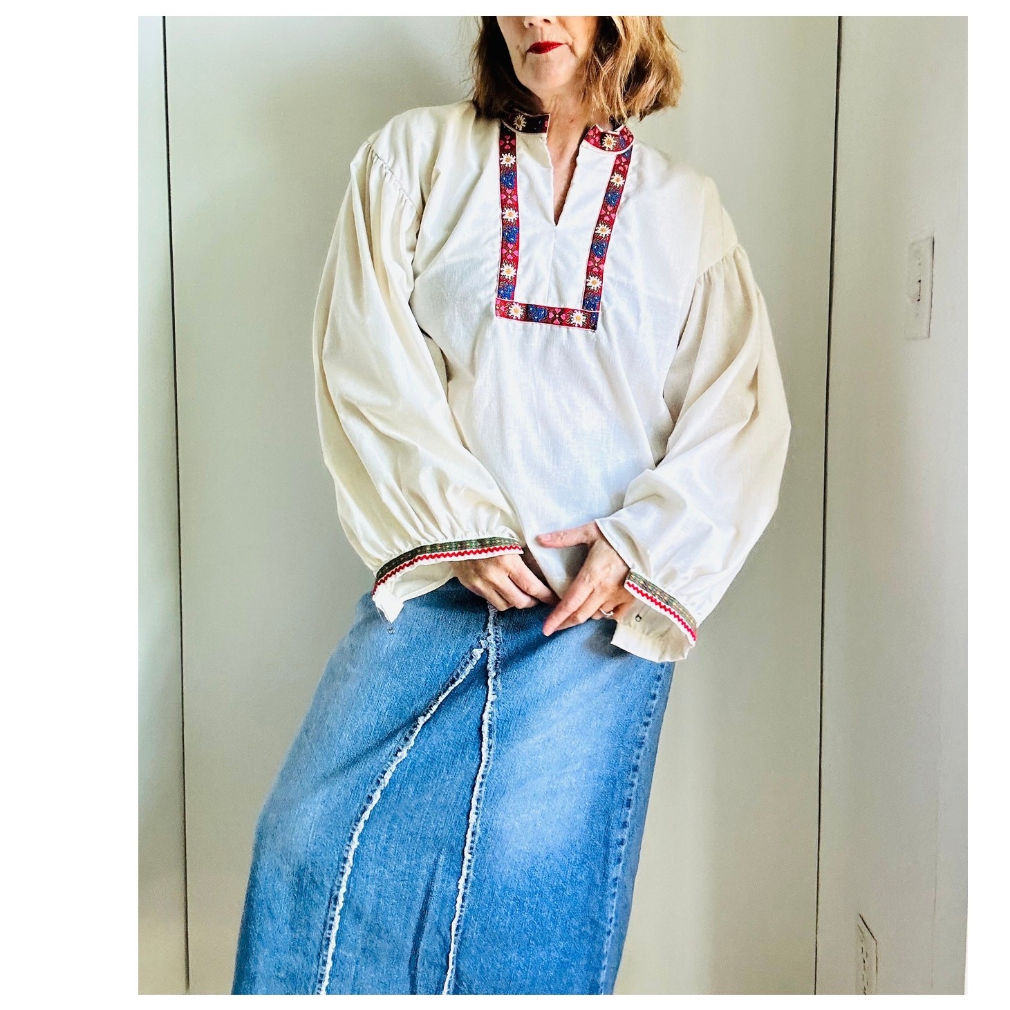 Vintage 70s Boho Peasant Blouse L XL Handmade Cotton Embroidered Folk Top