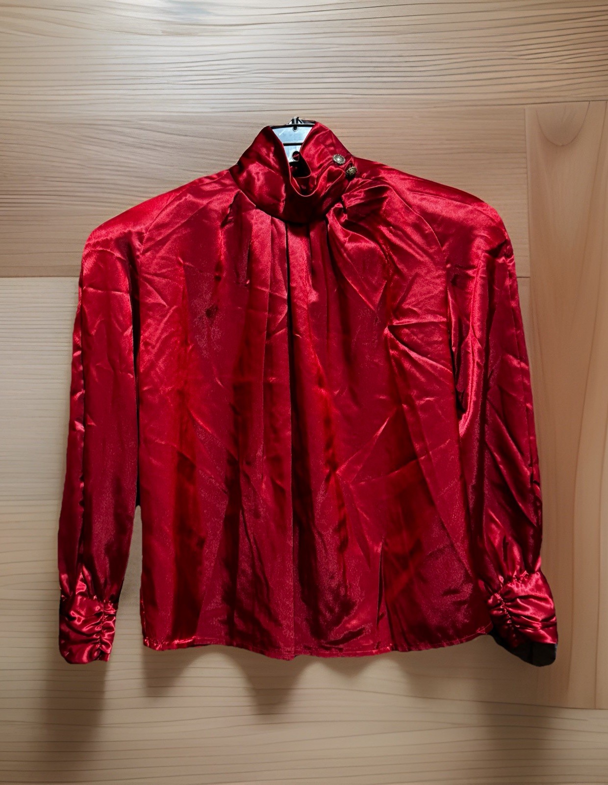 Jordan Long Sleeve High Neck Band Collar Blouse Red Size 8 Liquid Polyester Vtg