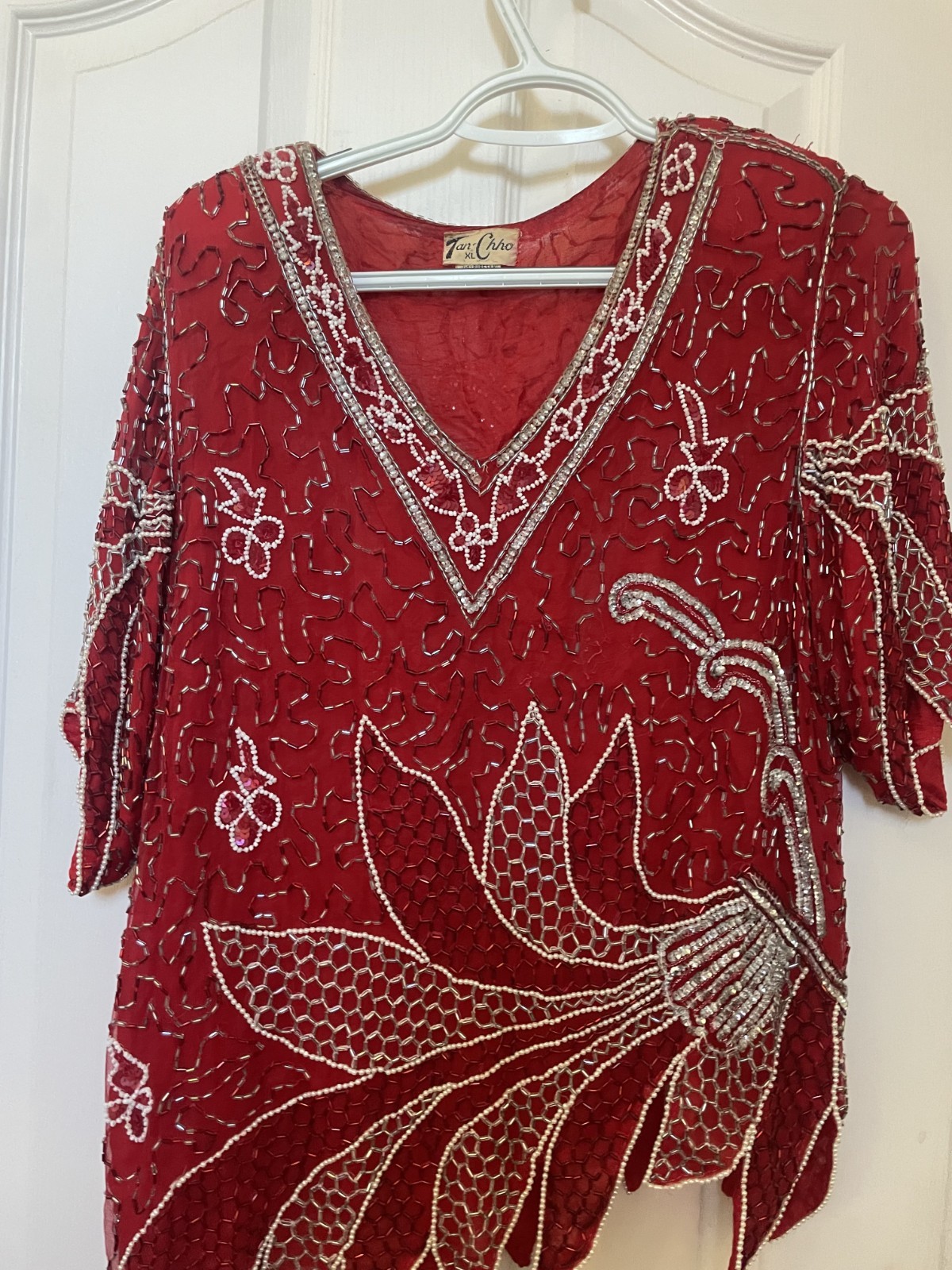 Vintage 80s Tan Chho Silk Beaded Sequin Top Red Blouse Size XL