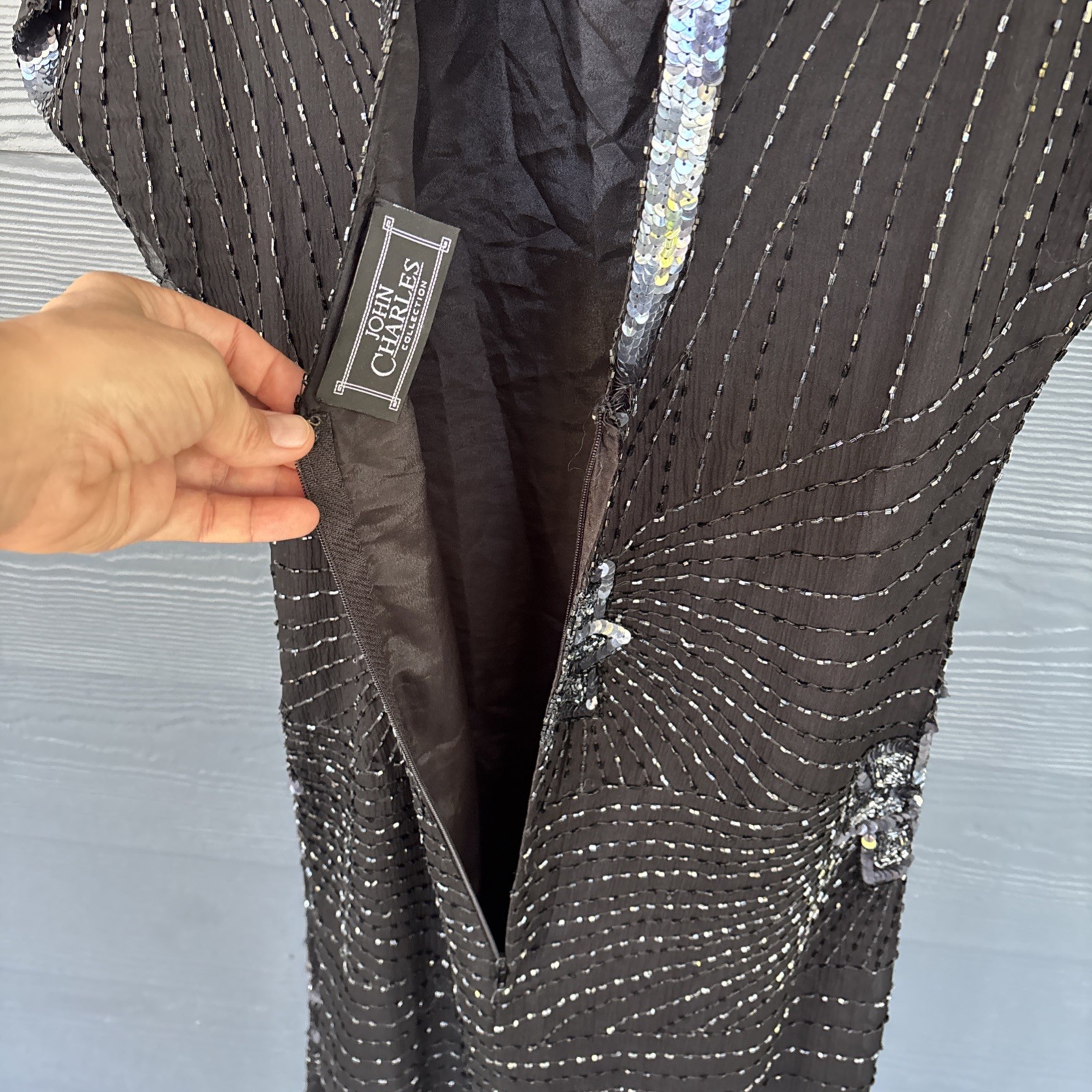 Vintage John Charles London Evening Gown Dress, Black Beaded Sequins, Size US-6
