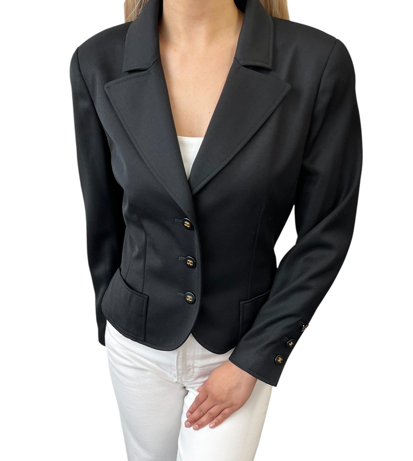 CHANEL Vintage 97P CC Logo Button Cropped Jacket #38 Black Gold Pockets 901921