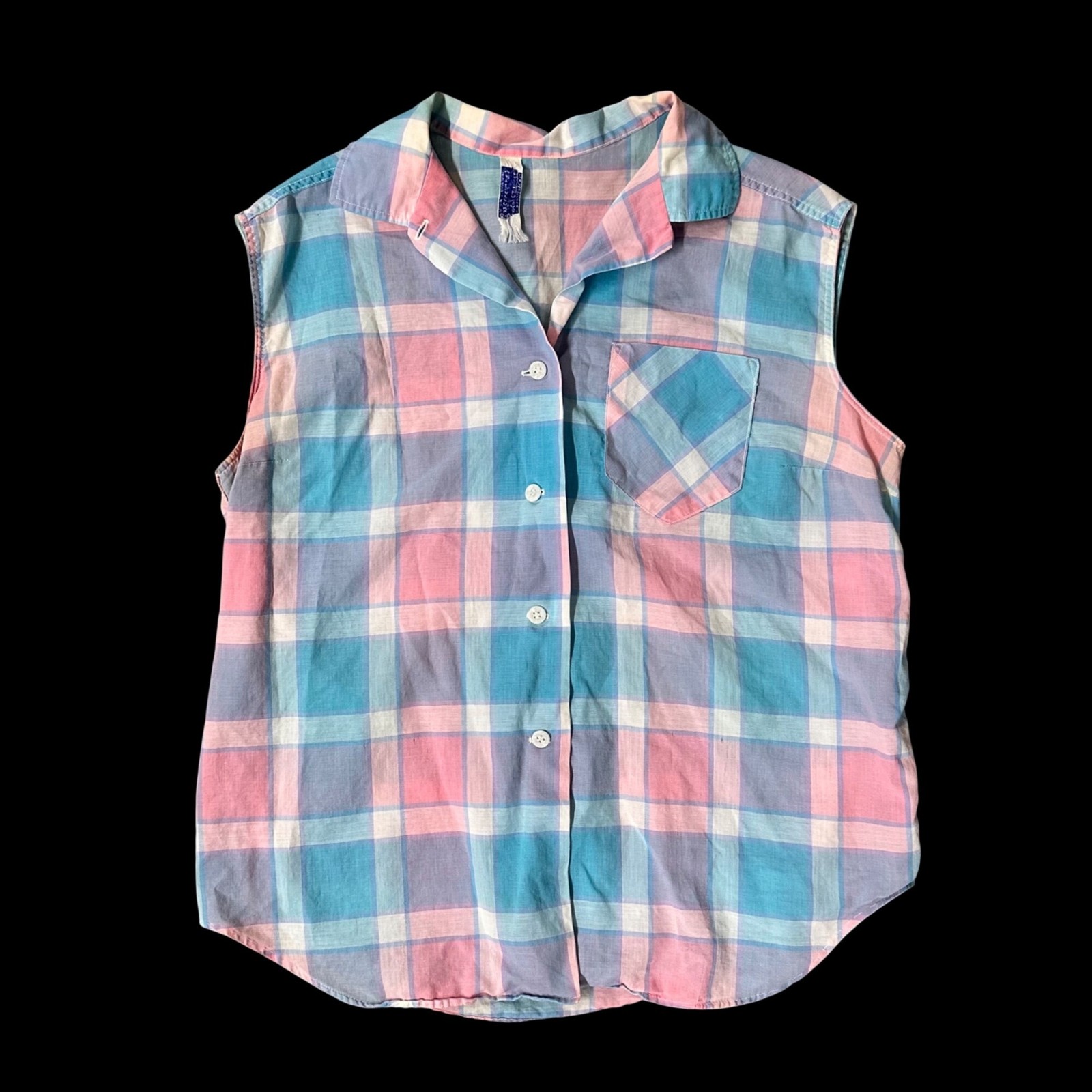 Vintage Sleeveless Plaid Button Up Shirt 1950s Sears Kerrybrooke USA Pink Blue
