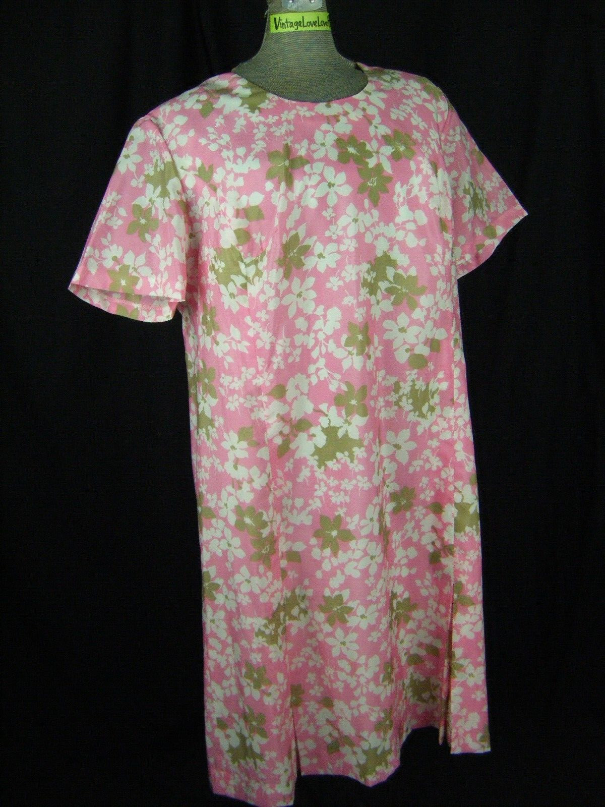 DIOLEN APART Vtg 60-70s Pink Green Floral Printed Sheath Dress-Bust 48/L-XL