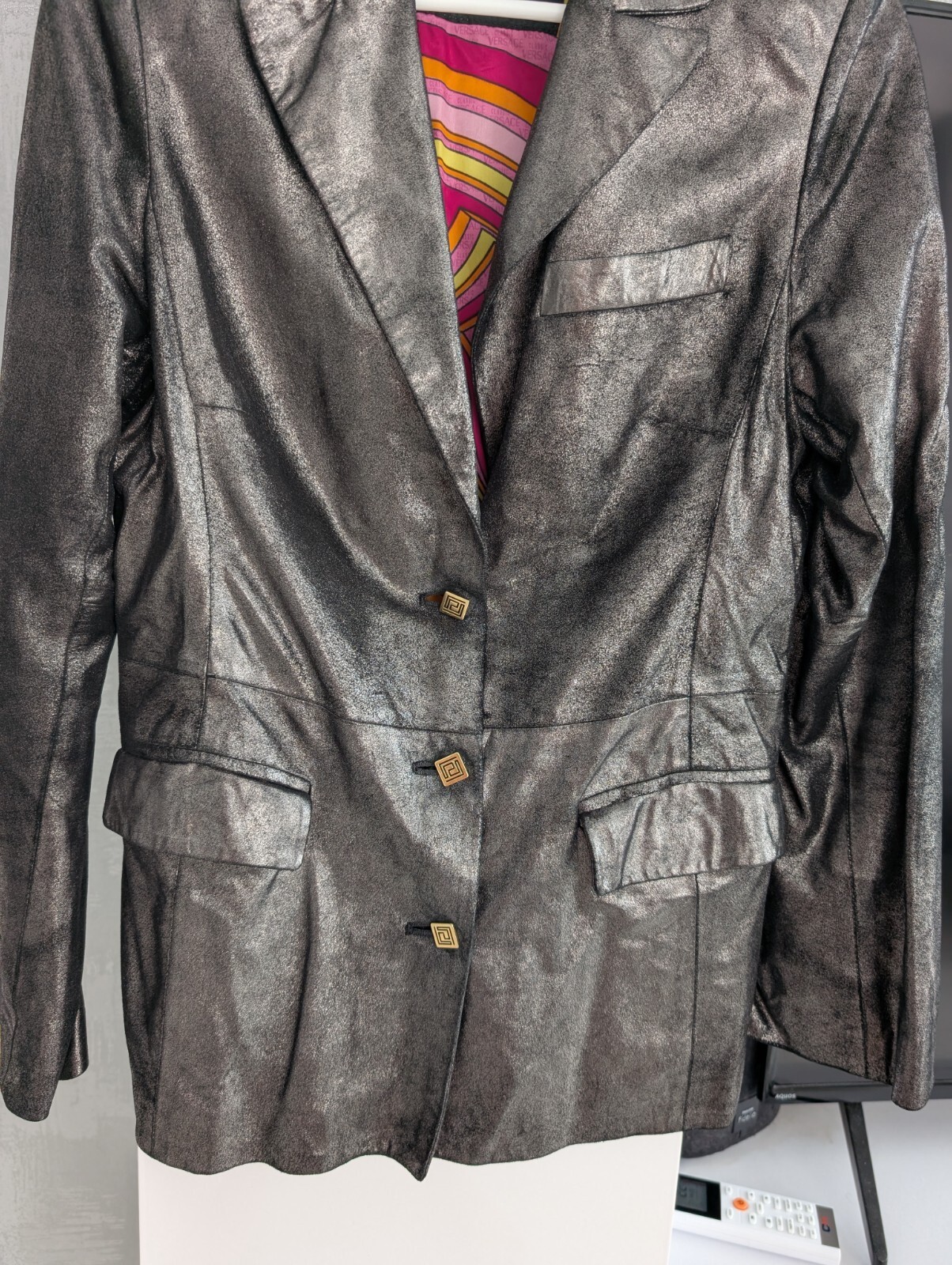 Versace Classic V2 Soft Shiny Leather Jacket Blazer Iridescent Metallic Gray M
