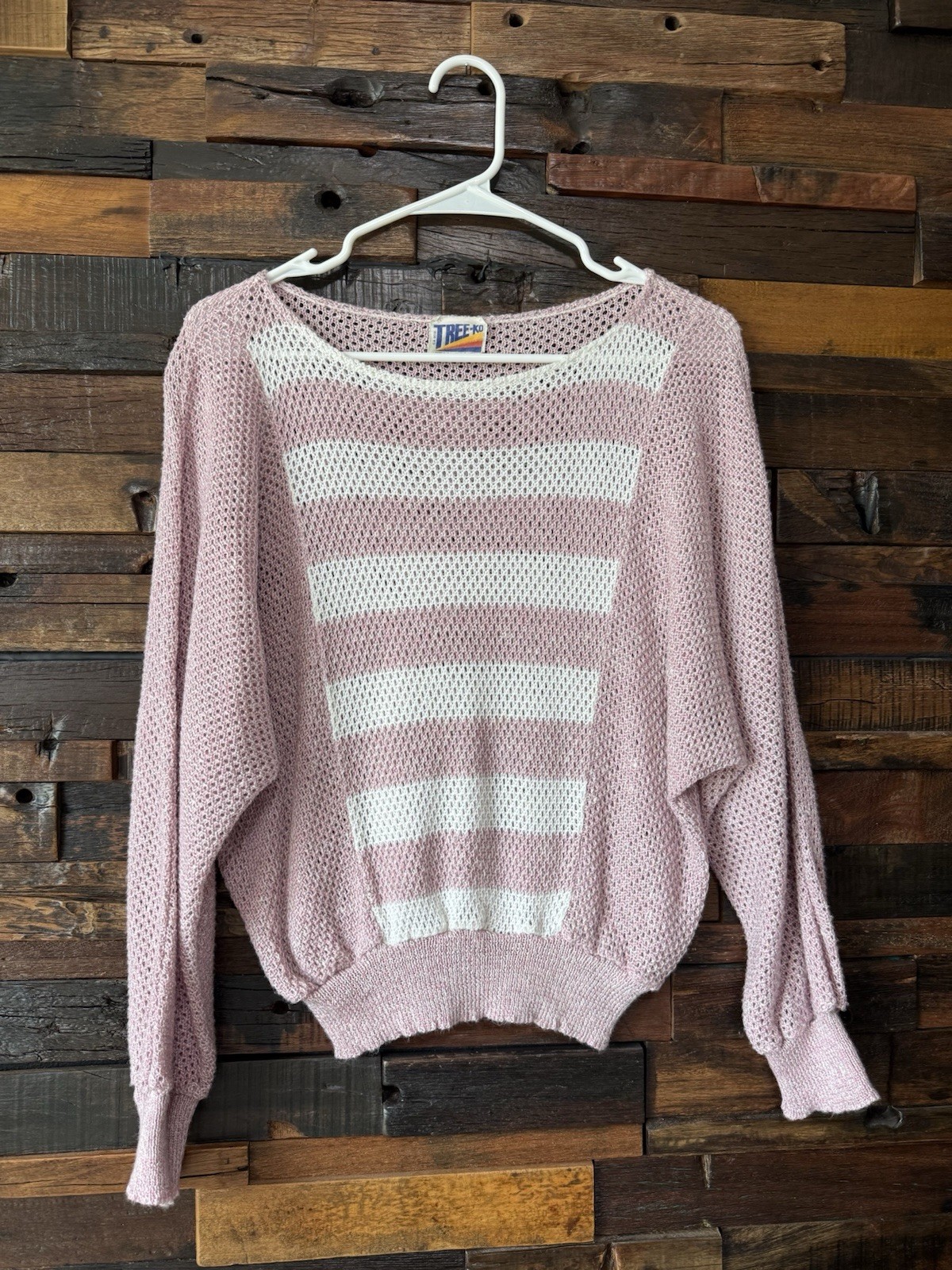 Vintage 70s 80s Tree-Ko Open Knit Sweater Pink Cream Striped Dolman Sleeve