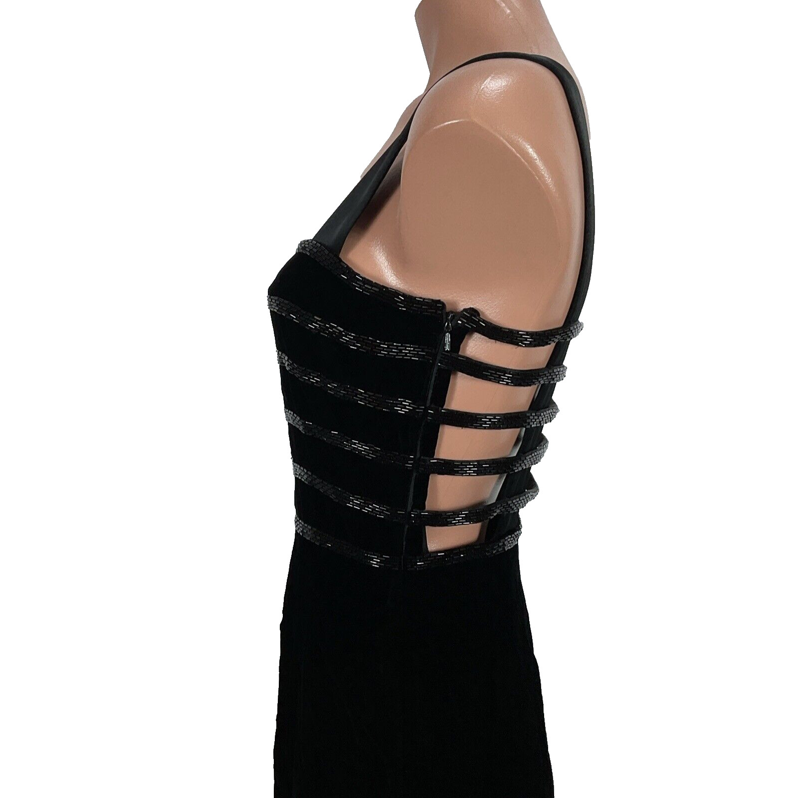 Vtg Nite Line Della Roufogali Beaded Strappy Black Velvet Dress Caged 4 90s