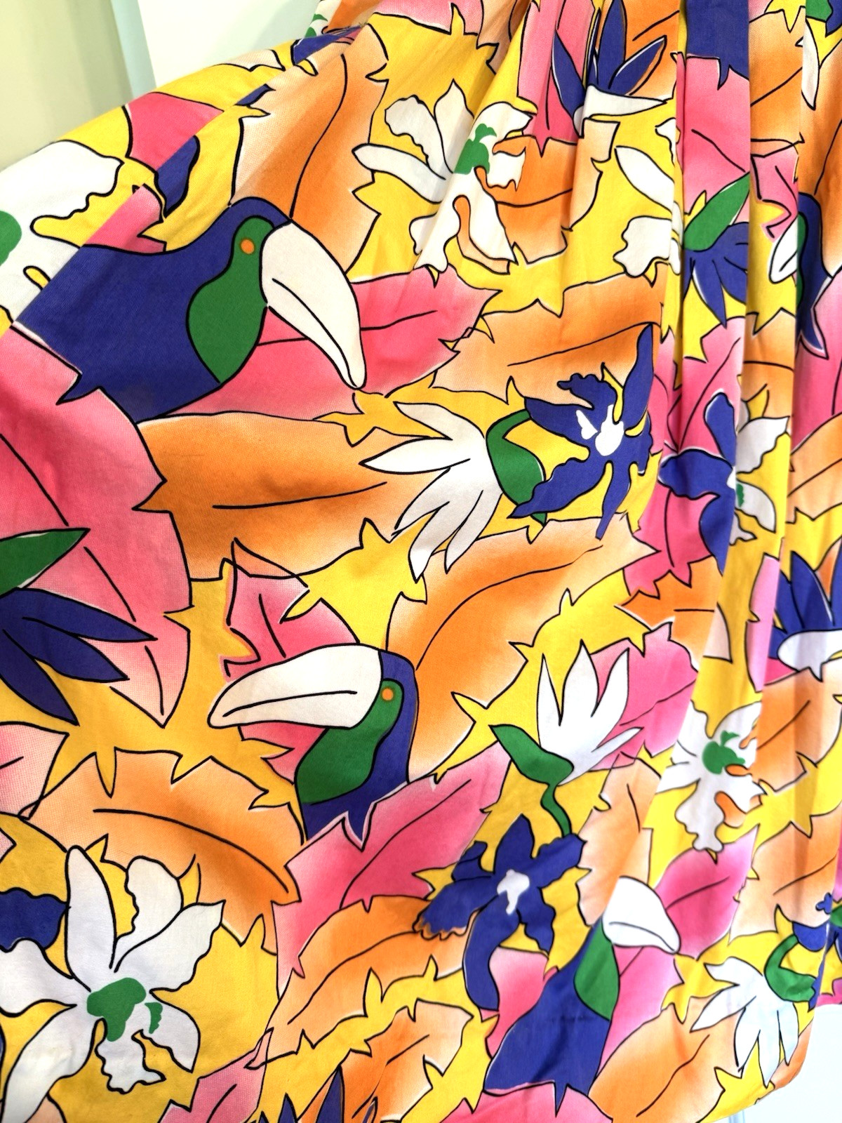 Vintage SK & Co. Bright Tropical Bird Cotton Midi Skirt Festival Women’s XS