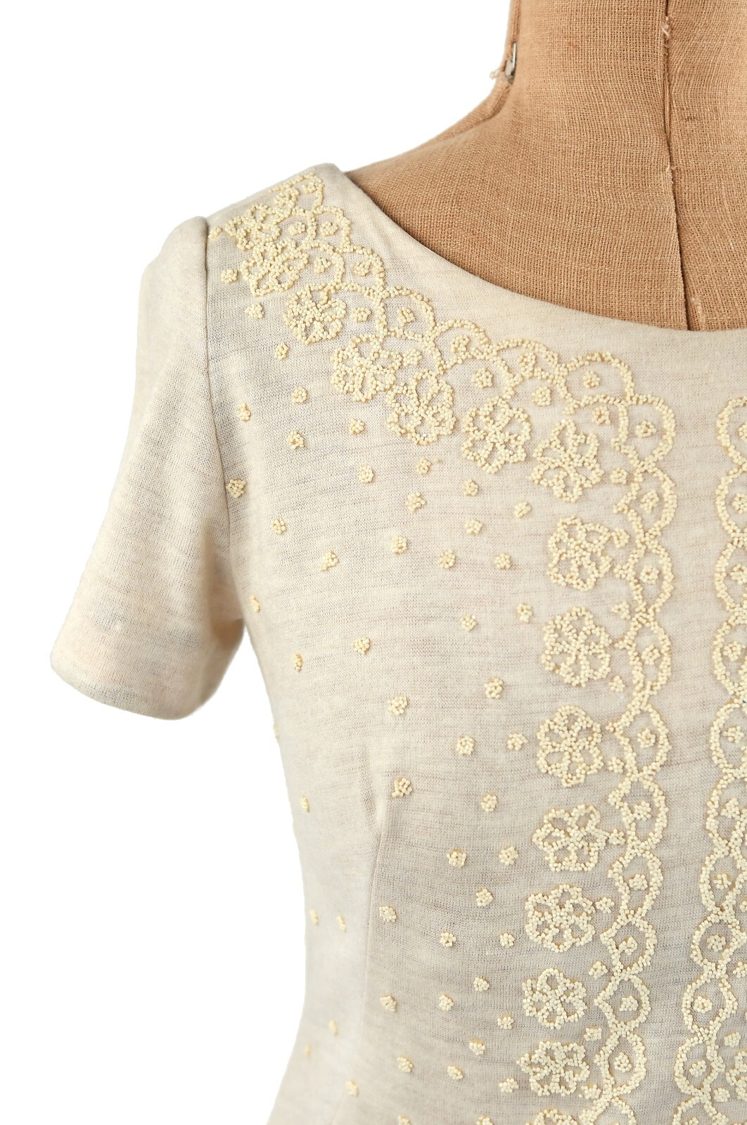 Vintage 60s Light Cream Floral Seed Bead Embellished Hourglass Cocktail Dress S