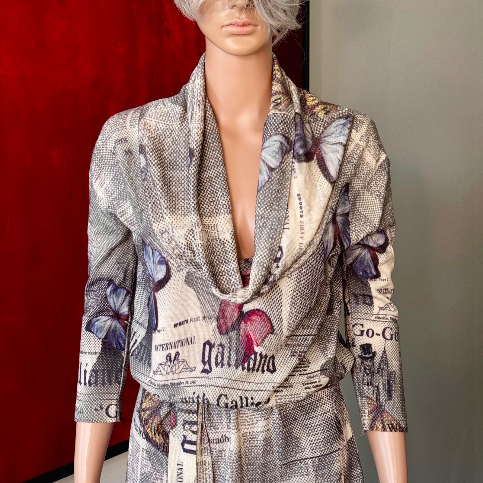 JOHN GALLIANO 2000s Gazette Newspaper Butterfly wool stretch dress print size M