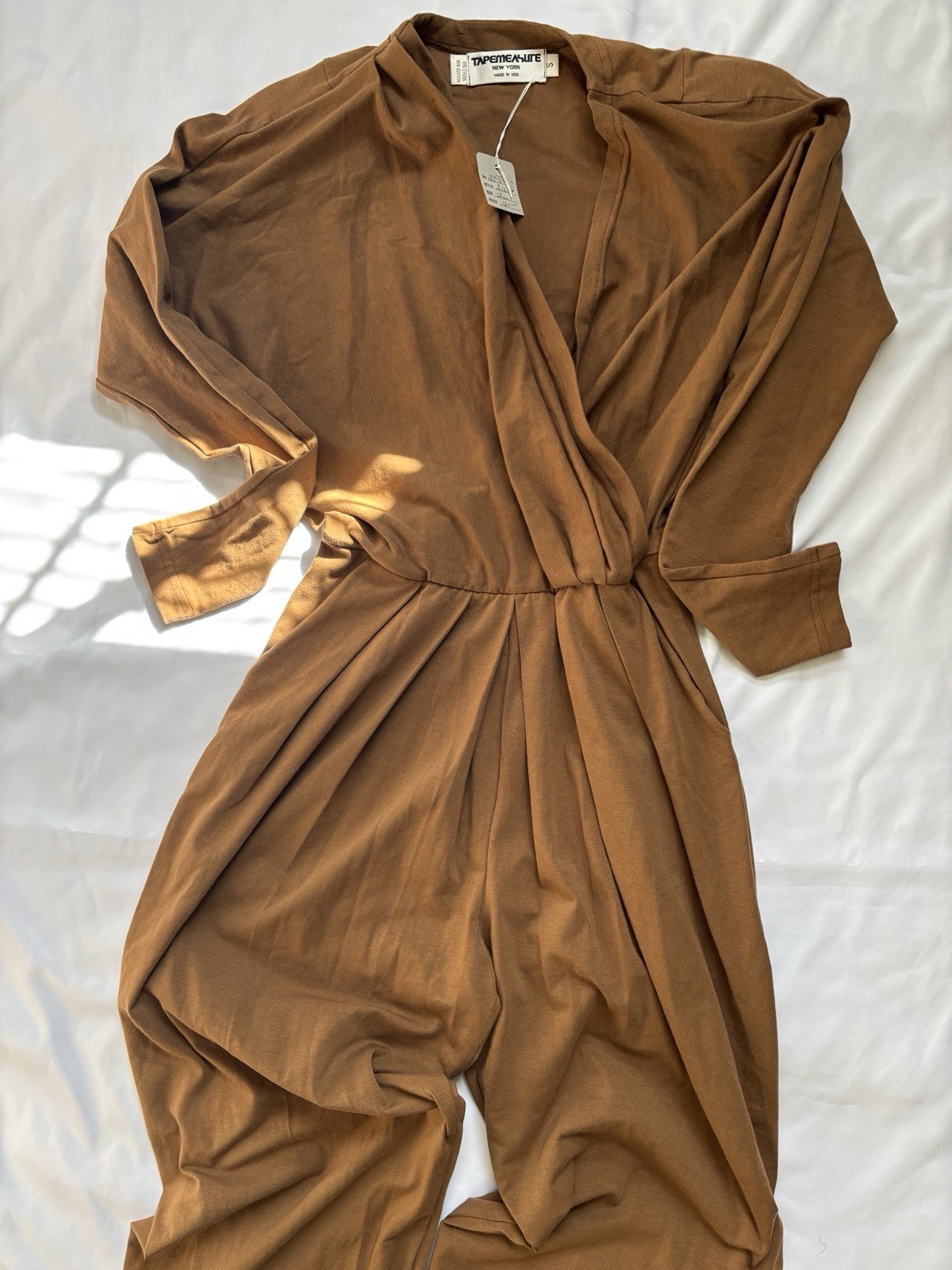 Vtg Wrap Jumpsuit Sz S USA Made Long Sleeves Pockets Cotton Elastic Waist Romper