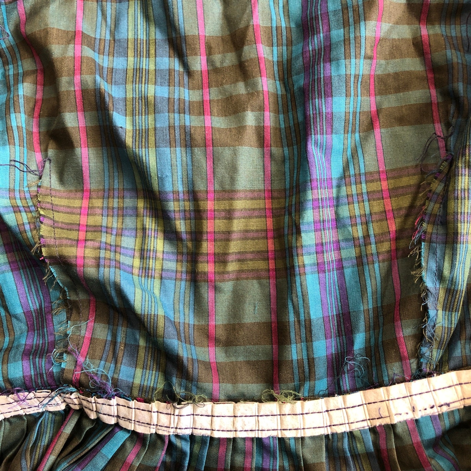 VTG 70s Montgomery Ward Plaid Dress Embroidered Pockets Belted XS Praire