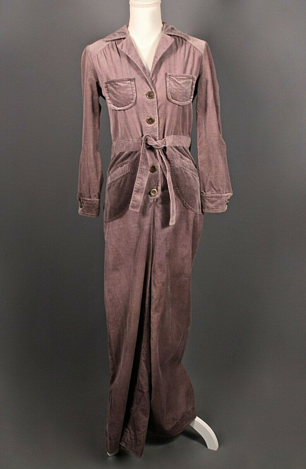 VTG Women’s 70s Strawberry Plant Purplish Grey Corduroy Jumpsuit Sz S 1970s