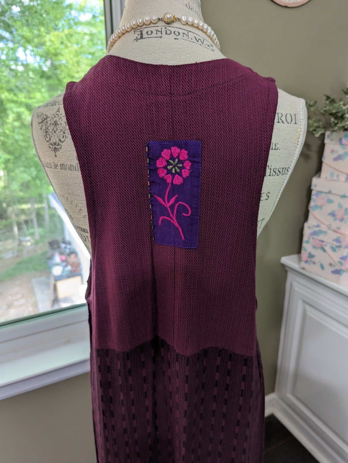 VTG LONG DRESS/ROMPER w/Diff. Fabrics-Embr-Beads-Mother of Pearl Accents-size L