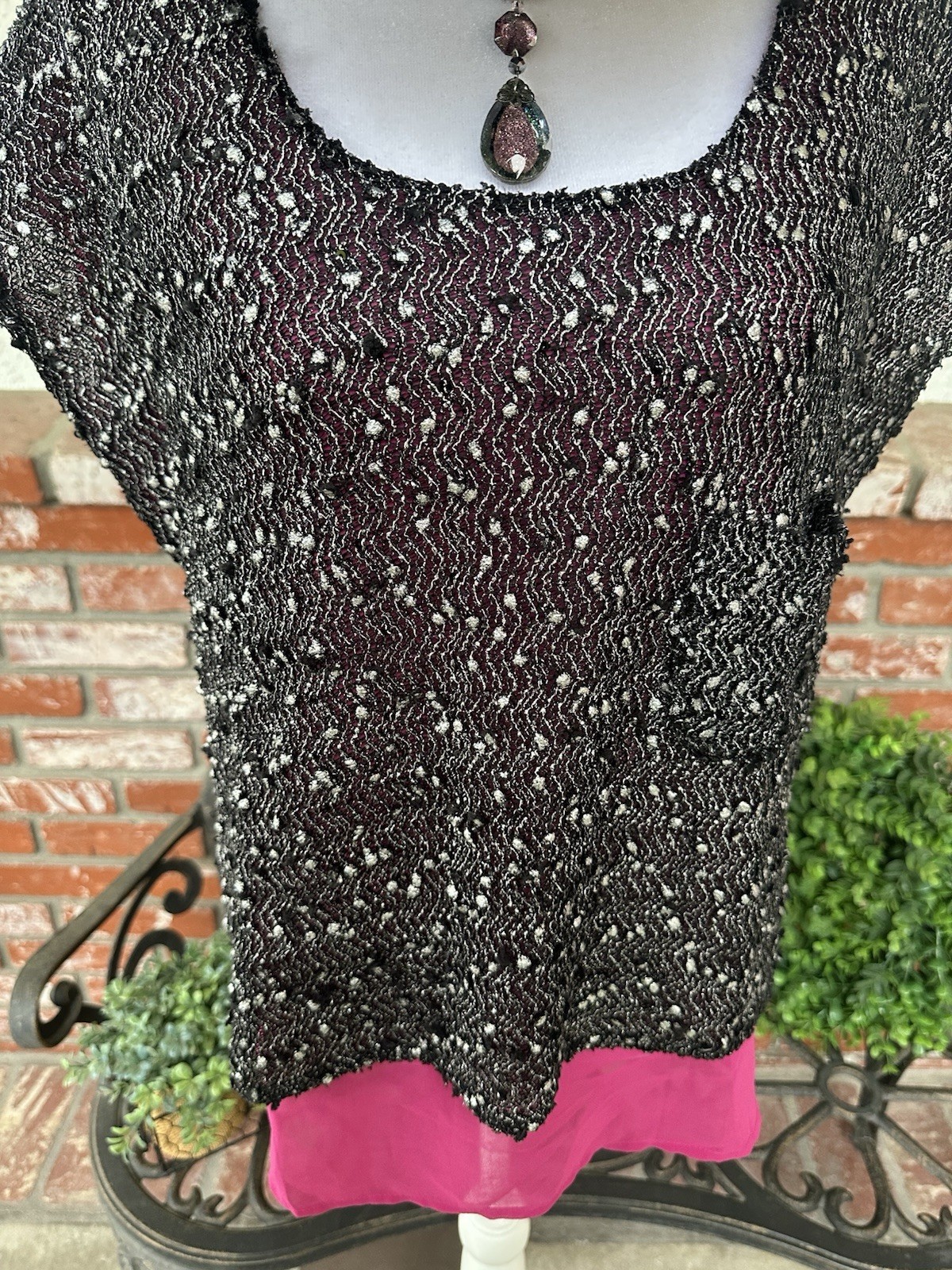 Vintage Fora Boucle Top; Black/Silver Threads W/Sequins; Hot Pnk Lining; Sz Lrg