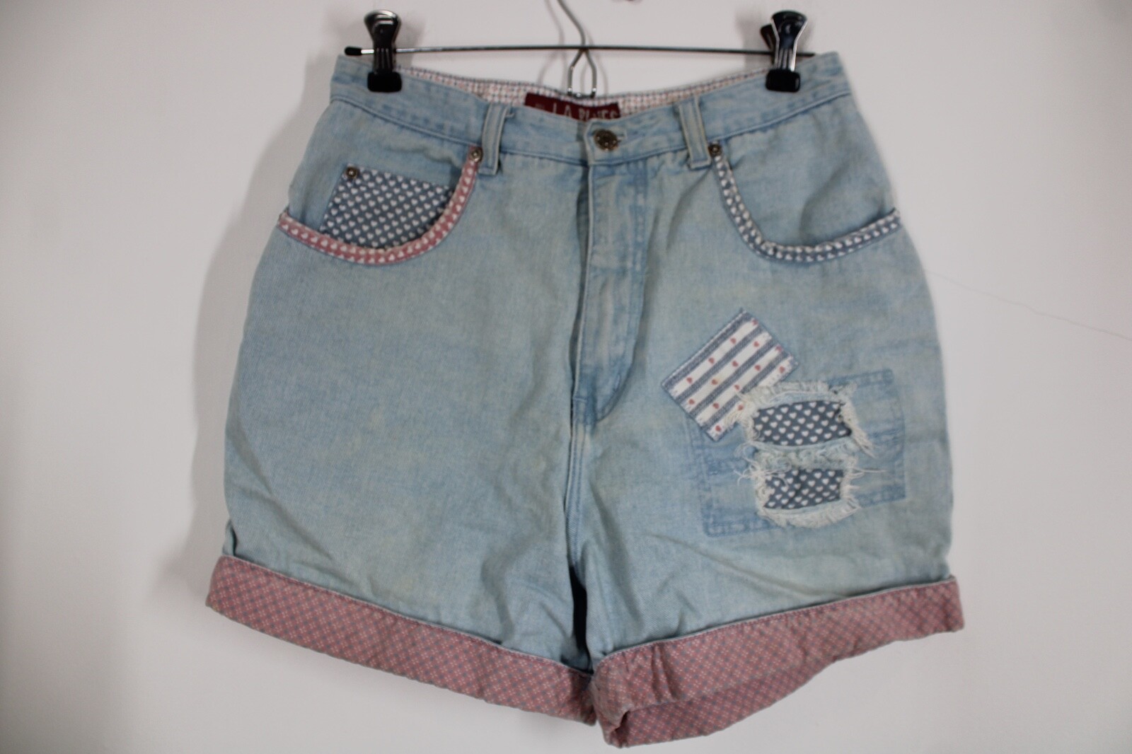 Vtg 90s LA Blues 12 28″ Waist Lightwash Denim High Rise Cuffed Patchwork Shorts