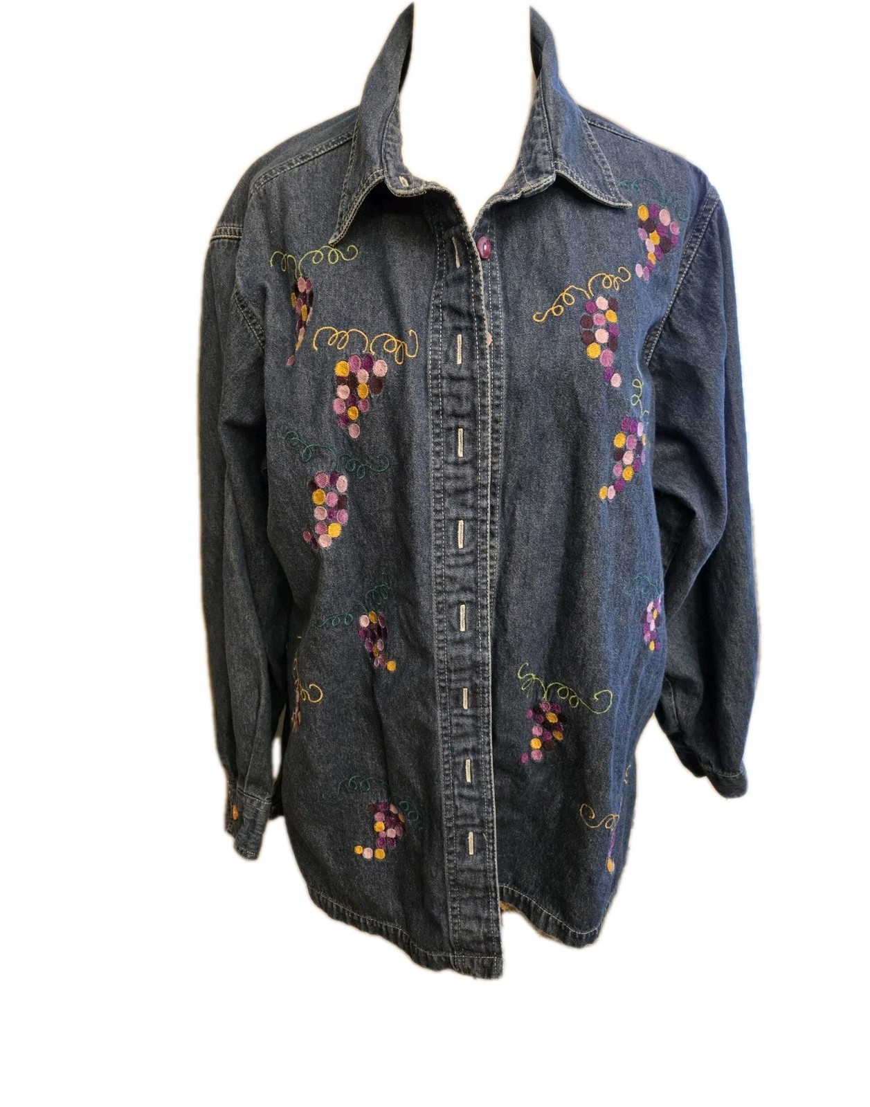 Silver Threads Vintage Embroidery Jean Shirt Large Multicolor Grapes Size LARGE