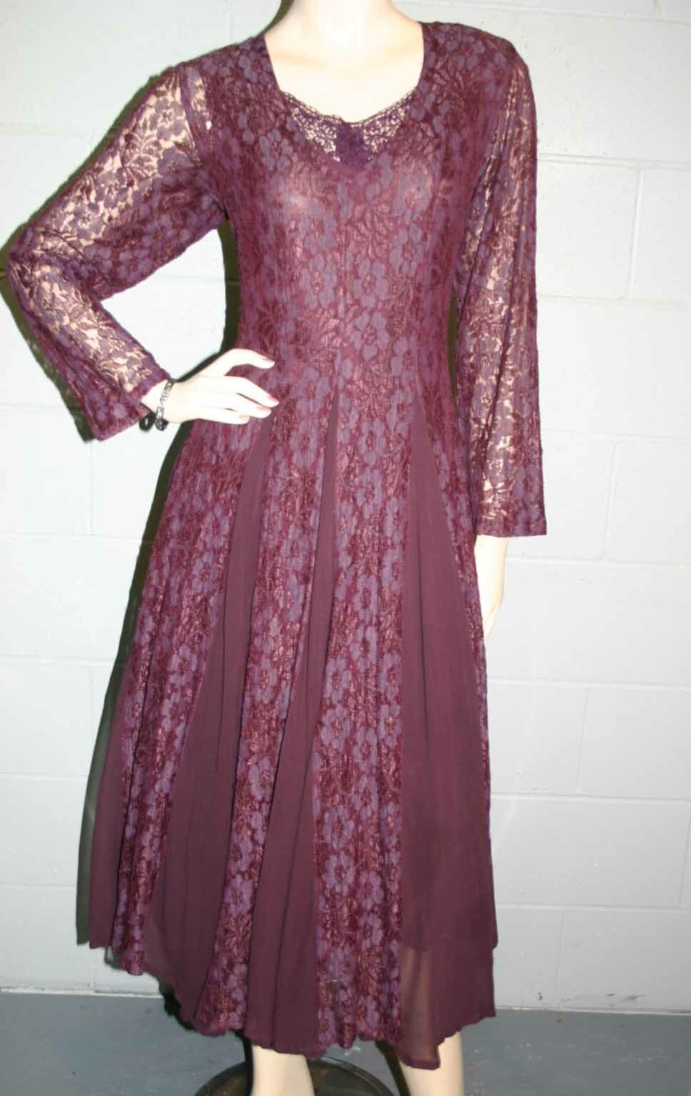 S Vtg 90s STARINA Midi Dress LACE LINED Rayon Purple Plum Flared Gored Skirt