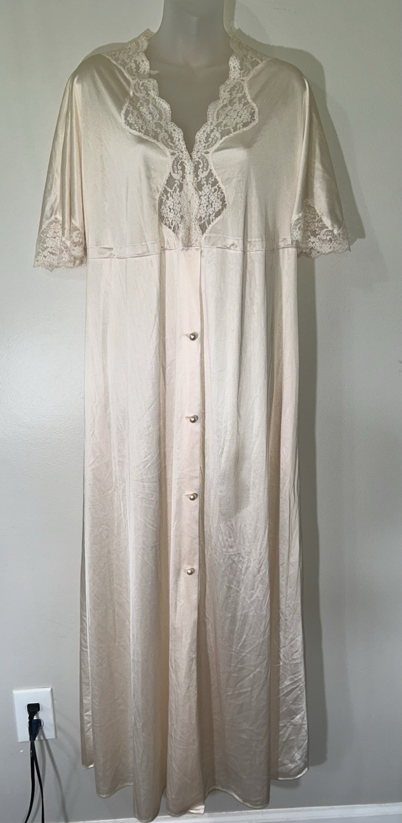 Vintage Shadowline Pink Nylon Tricot Lace Housecoat Robe Small