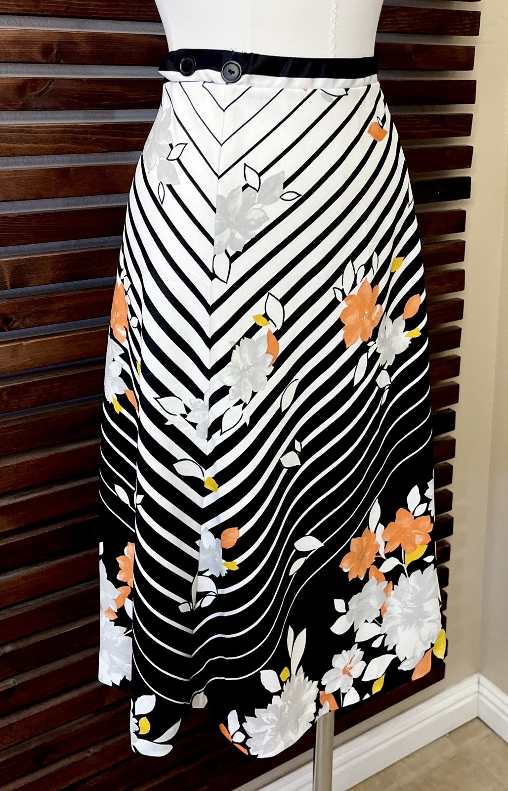 1970s Vintage Black White Striped Orange Yellow Floral High Waist Midi Skirt