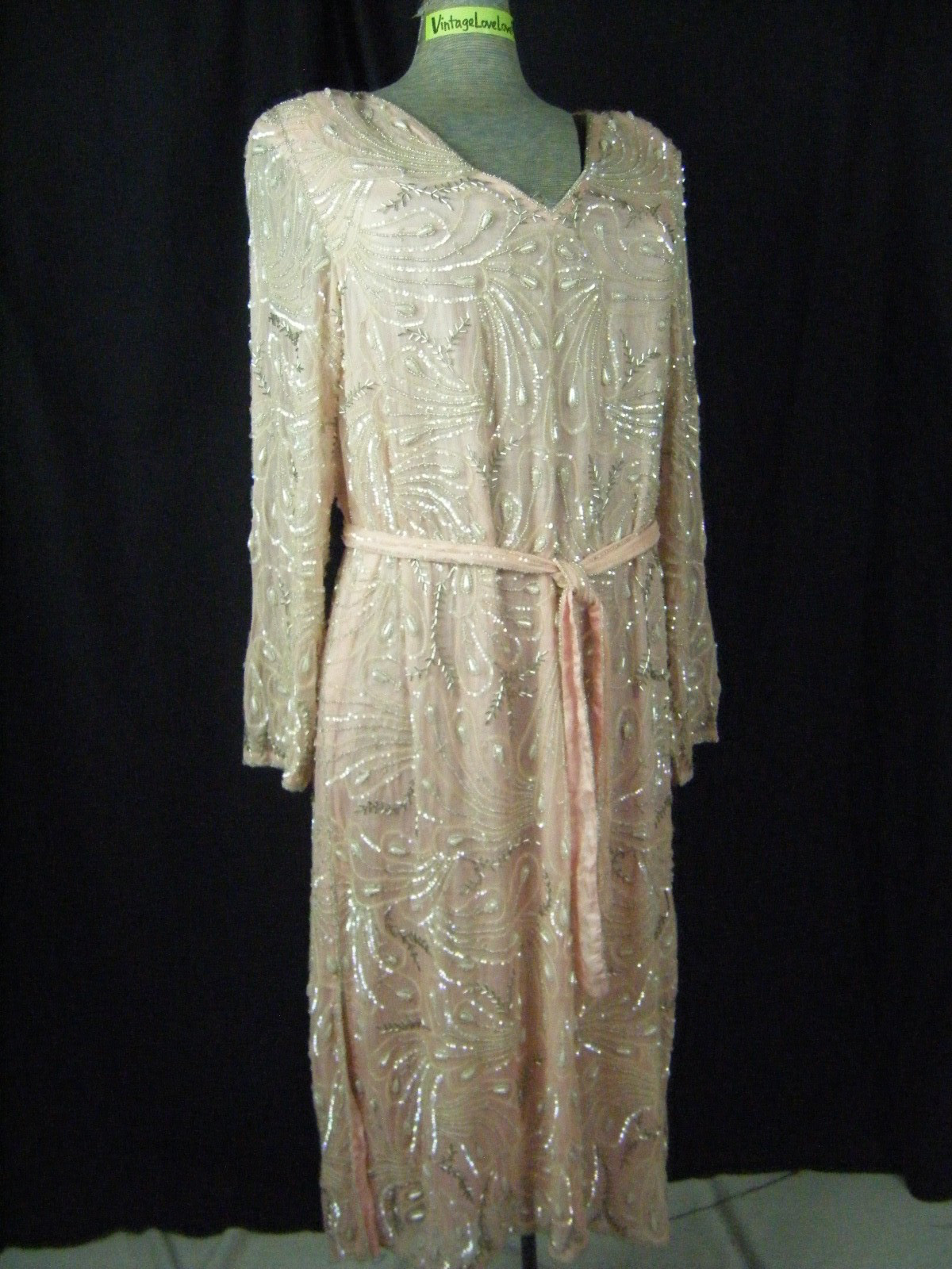 STAR LIGHT CITY Vtg 80s Pink Heavy Peacock Pearl Beaded Silk Dress-Bust 40/M