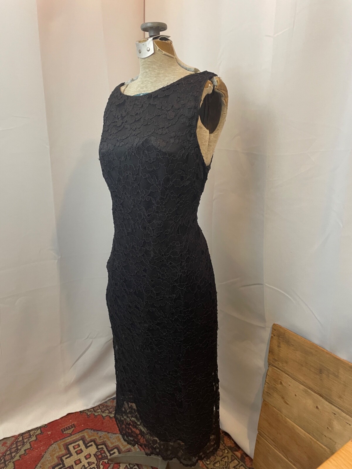 1990s Vintage Black Lace Column Dress Boat Neck 10 M