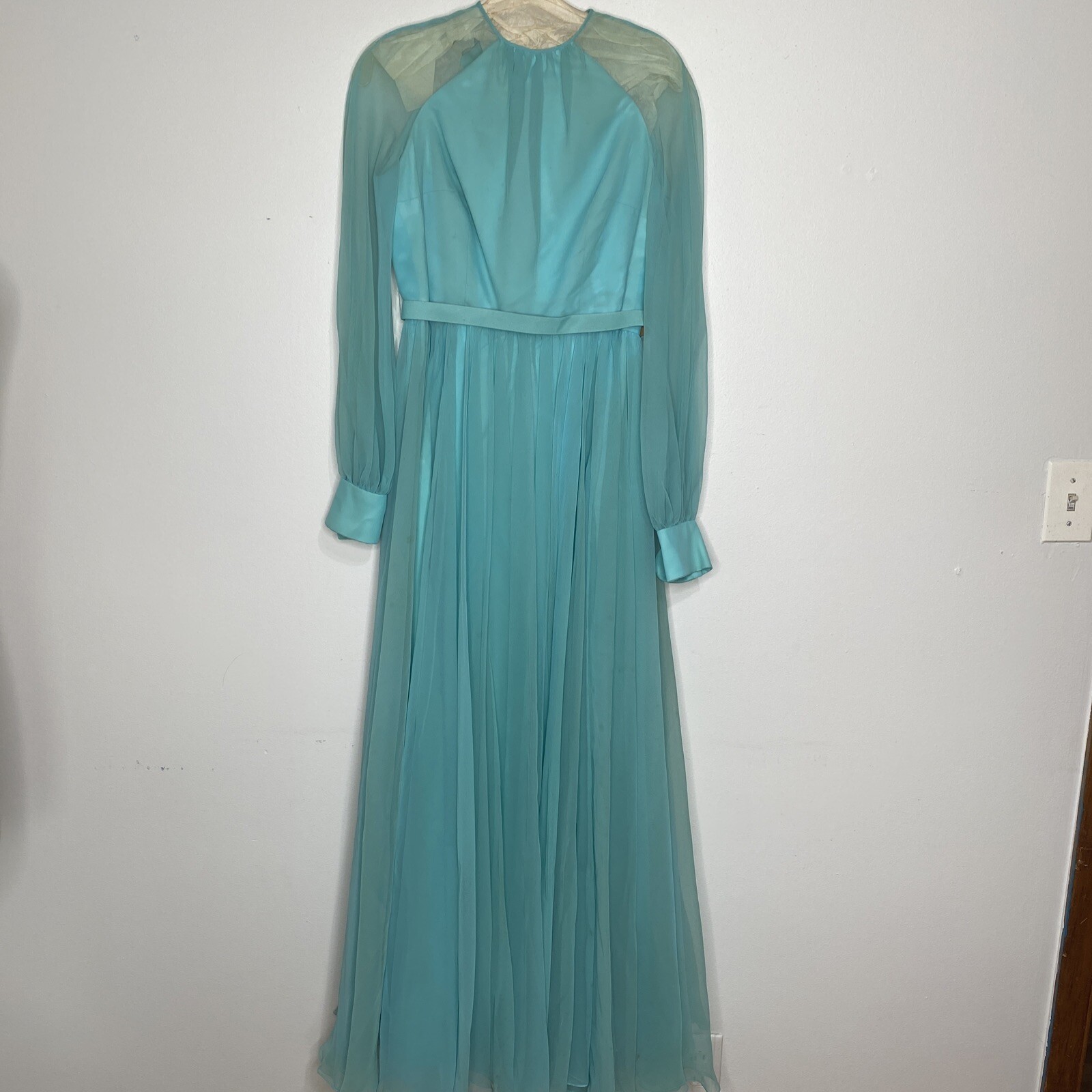 Vintage 1970’s Maxi Dress Cocktail Sheer Pleated Green 6 Shannon Rodgers