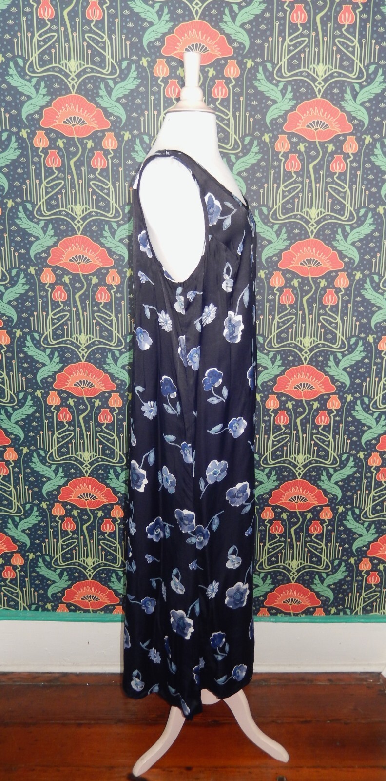 Vintage 90’s Y2K Navy Blue Floral Grunge Satin Maxi Sleeveless Dress