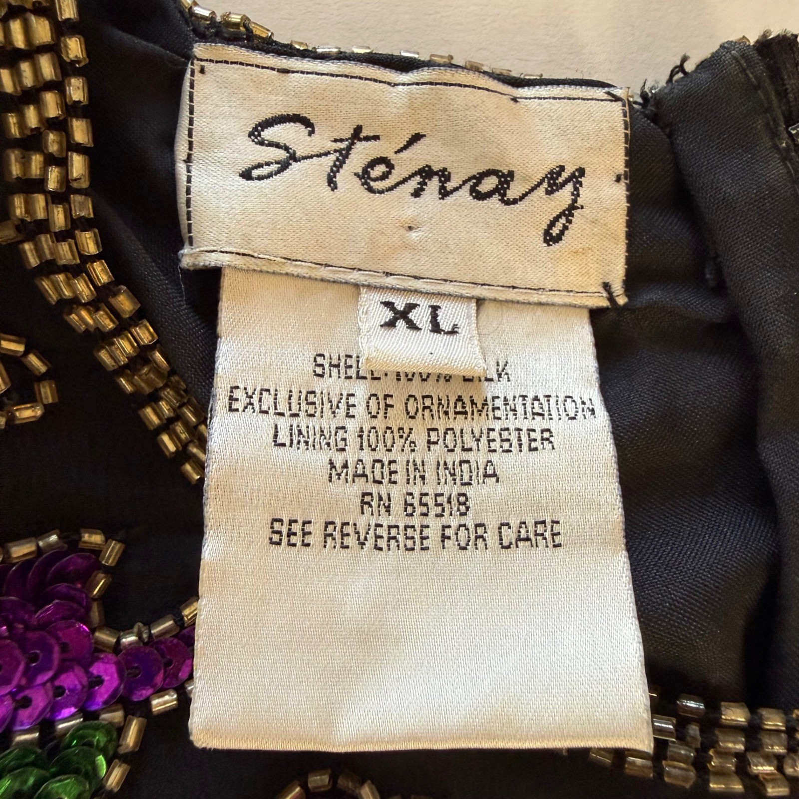 Stenay Vintage Silk Sequin Floral Beaded Evening Blouse Black XL Scalloped Hem
