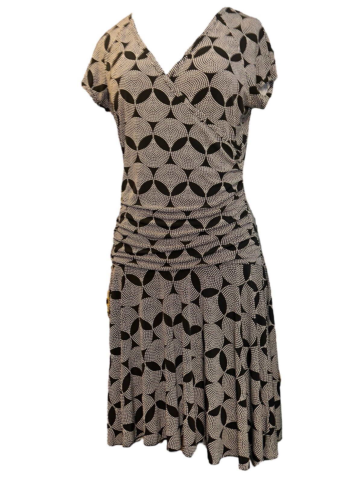 BCX V-Neck Cap Sleeve Ruching Bl/Wh Geo Print Short Faux Wrap Dress Women L VTG