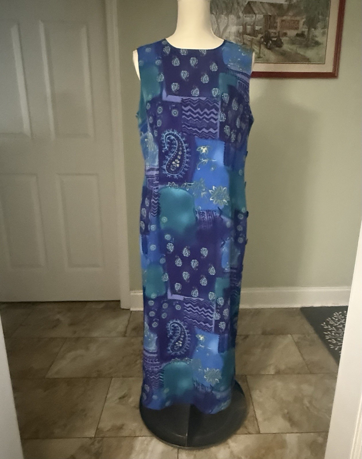 Vintage R&K Originals Maxi Dress Sz12 Blue Purple Turquoise Paisley&Floral Print