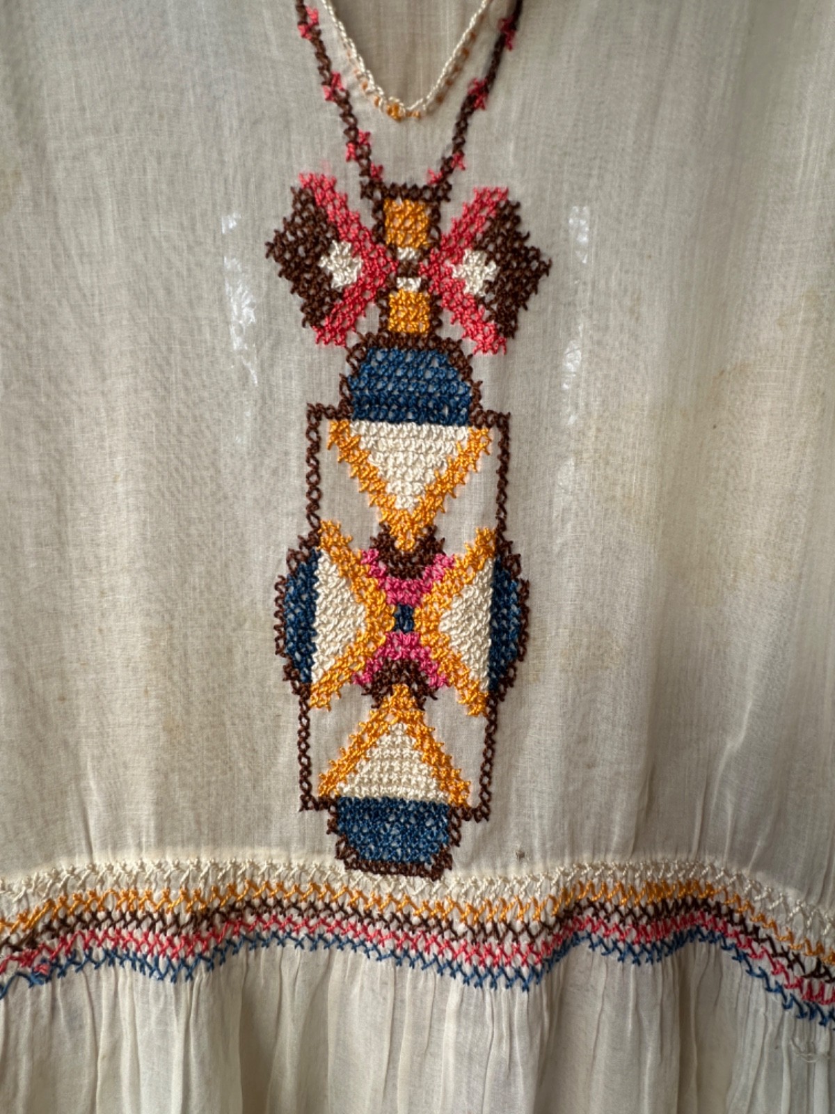 VINTAGE 20s Dress Embroidered Hungarian Peasant Dress Sheer Cotton Smocking