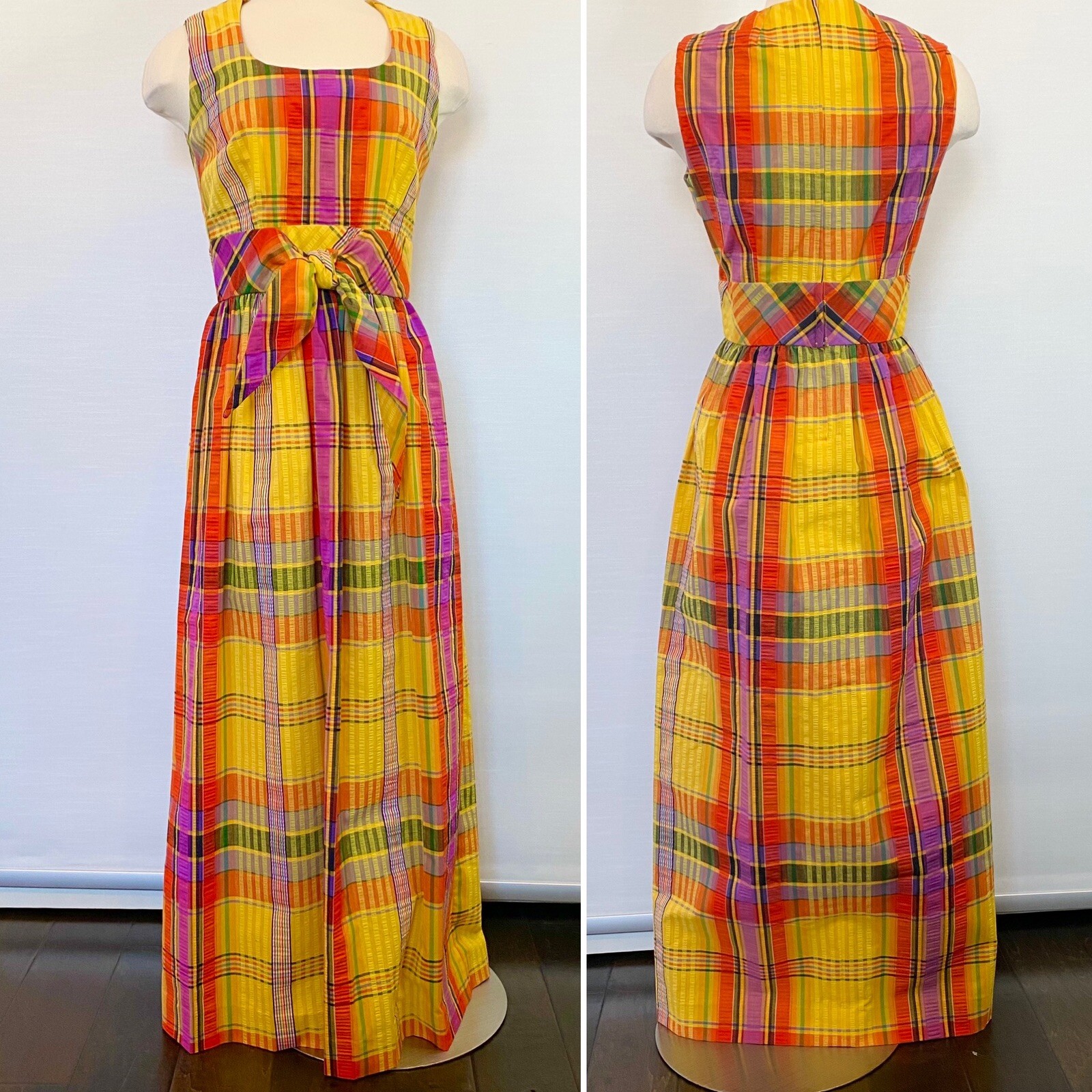 Vintage SWIRL Concept 70s Yellow Orange Madras Plaid Maxi Gown Long Column Dress