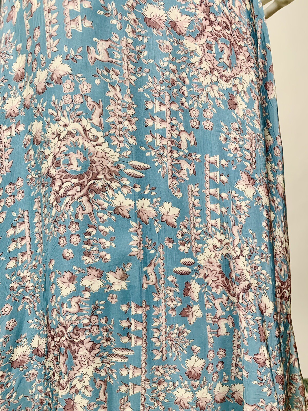 Vintage 1940s Rayon Novelty Print Shirtwaist Dress Deer Potted Flowers Blue Grey